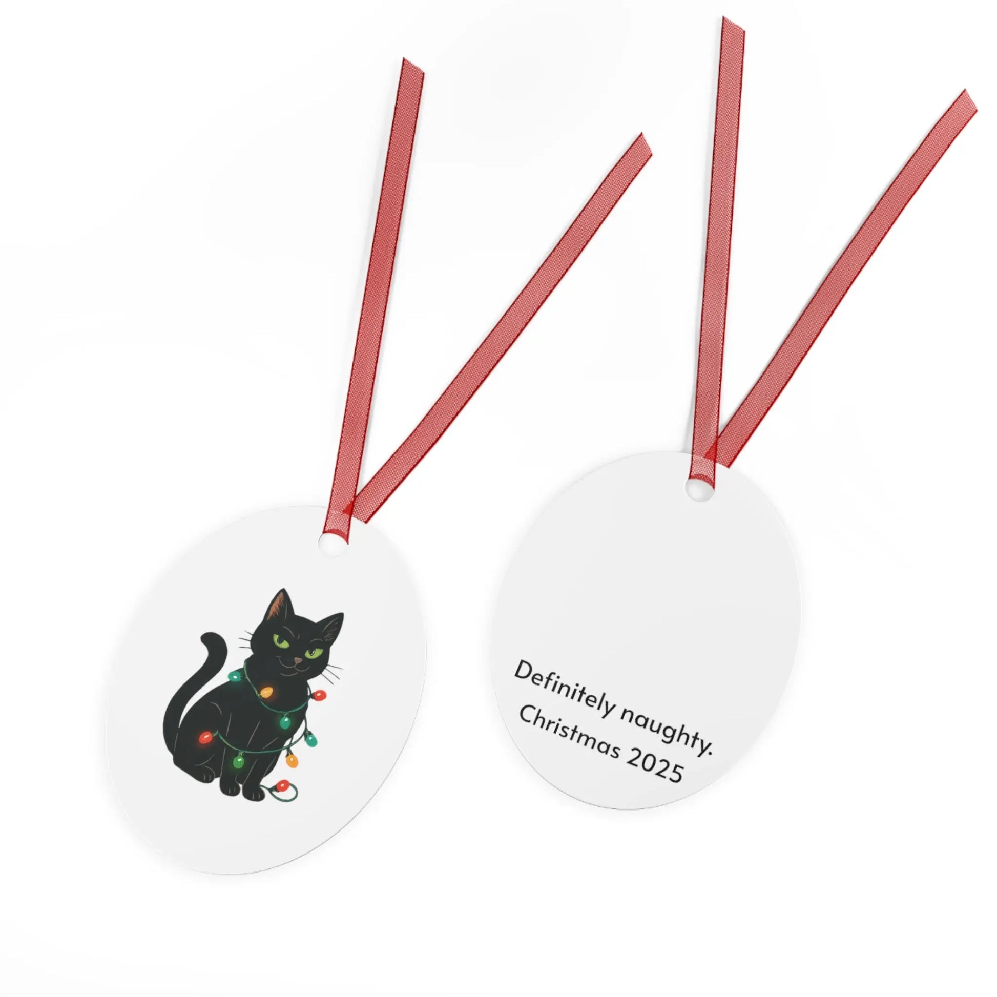 Bell Metal Ornament — Black Cat with Christmas Lights, “Definitely Naughty. Christmas 2025” Printify