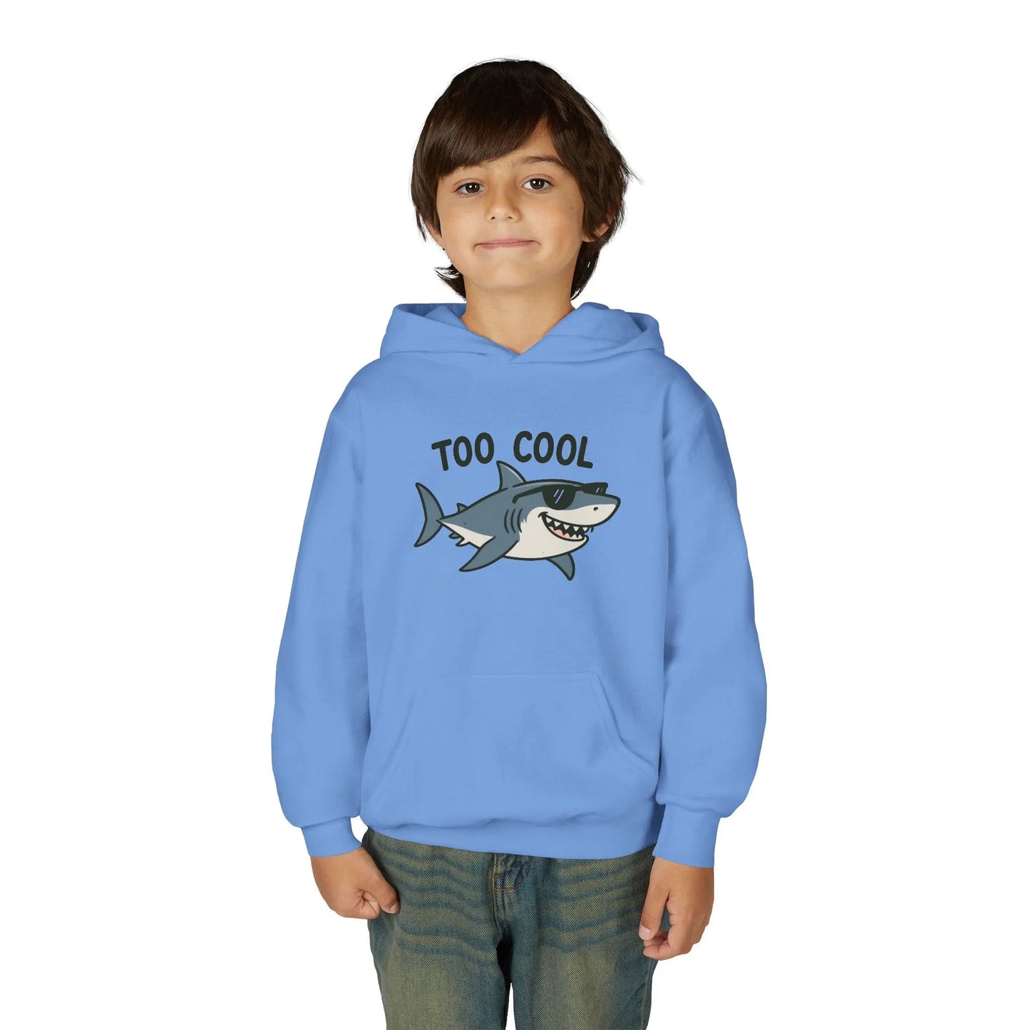 Youth Hoodie - 'Too Cool' Shark Graphic Pullover Printify