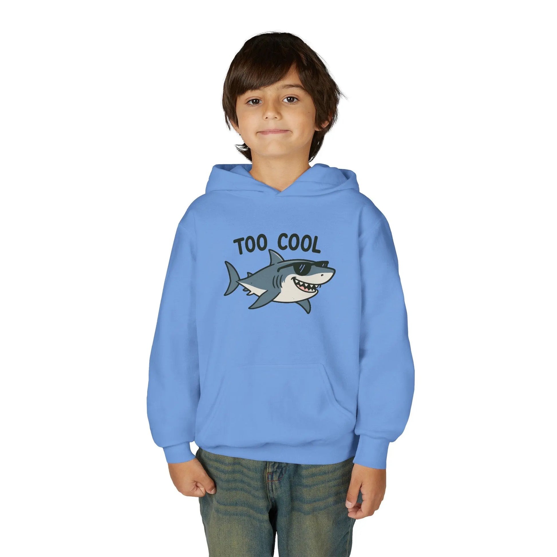 Youth Hoodie - 'Too Cool' Shark Graphic Pullover Printify