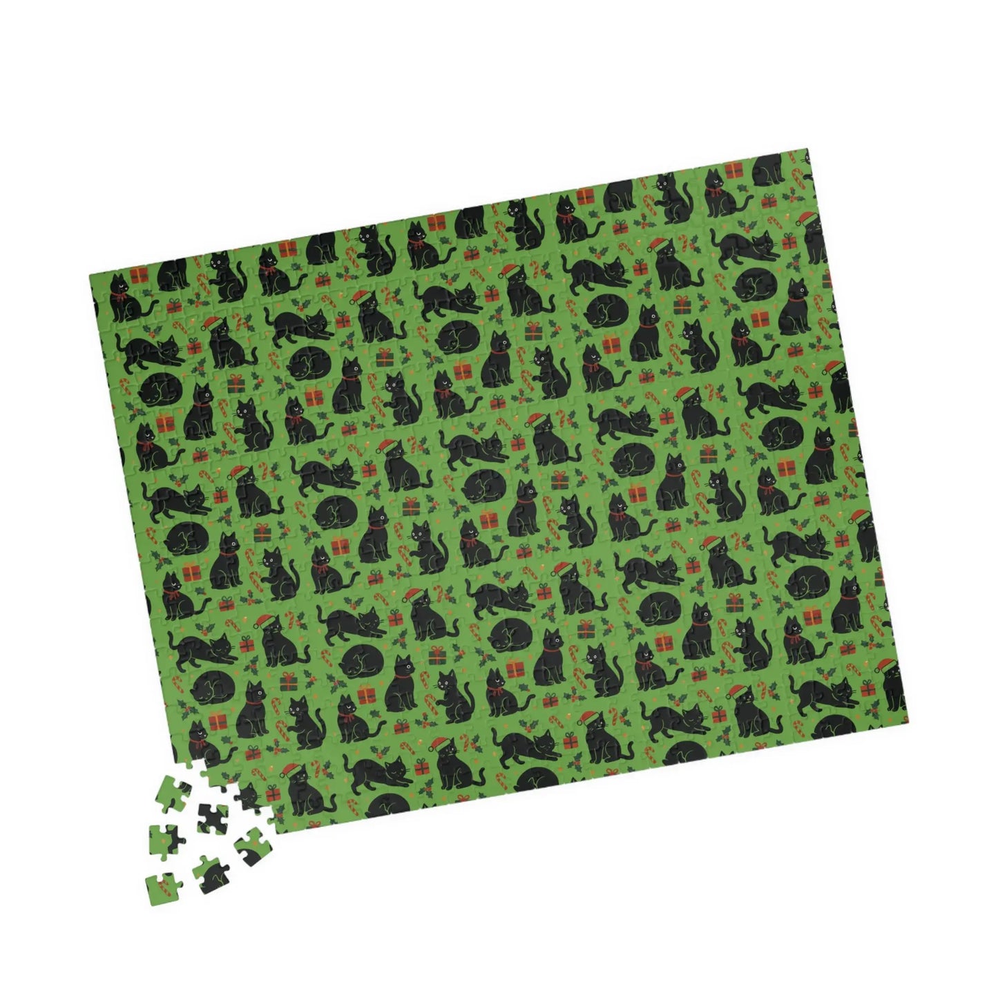 Green Christmas Cats Puzzle – Spooky Cat Pattern Jigsaw (110/252/520/1014 pcs) Printify