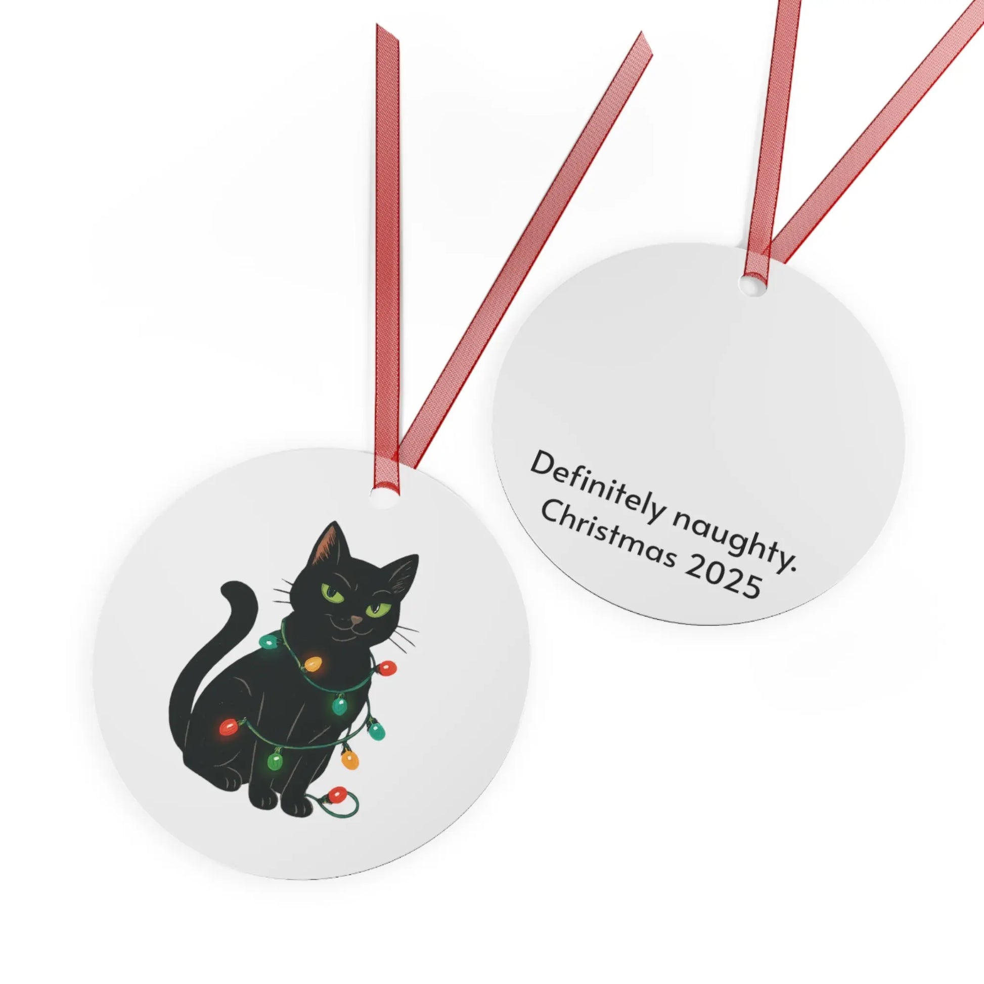Bell Metal Ornament — Black Cat with Christmas Lights, “Definitely Naughty. Christmas 2025” Printify