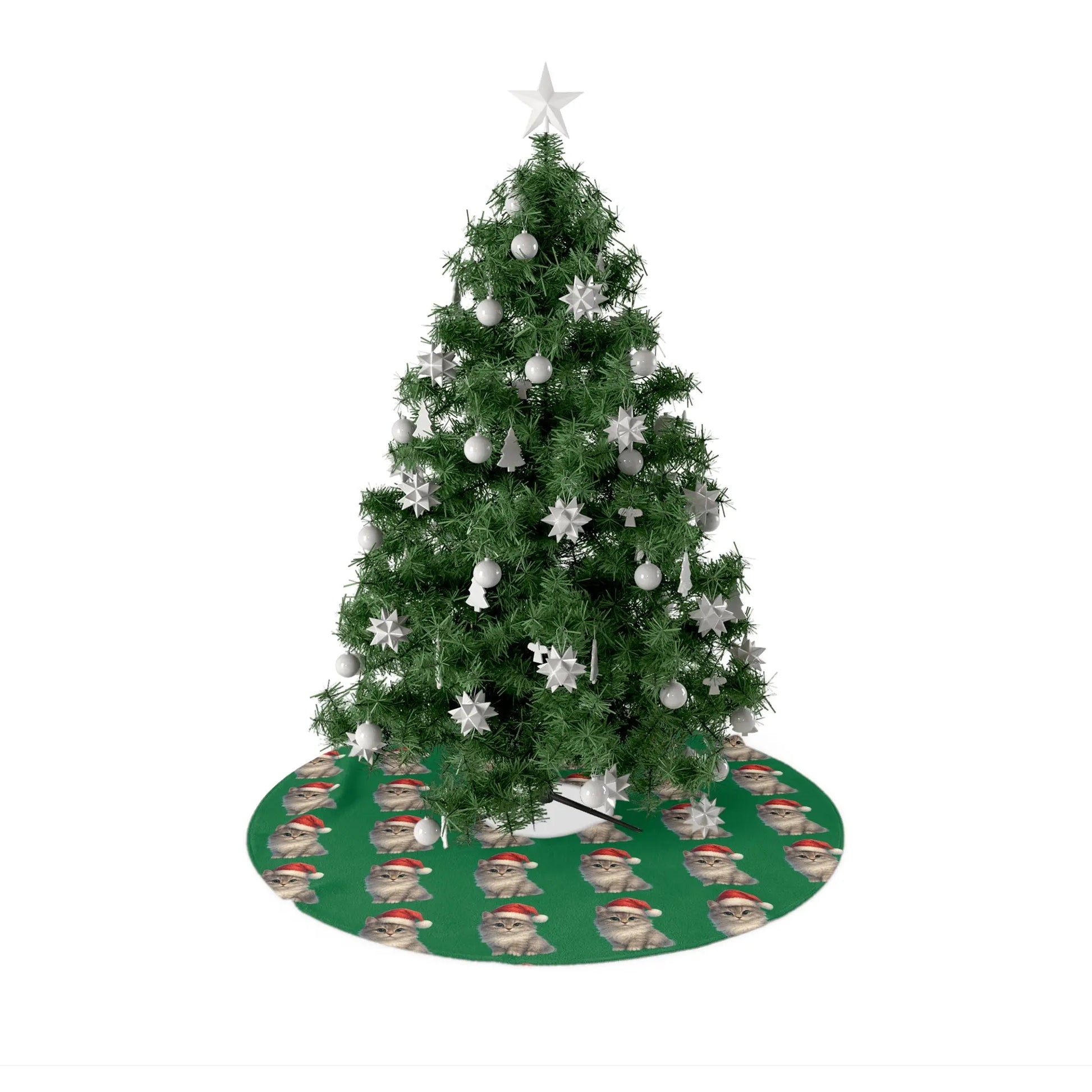 Cute Kitten Santa Christmas Tree Skirt — Green Holiday Tree Skirt with Santa Hat Kittens Printify