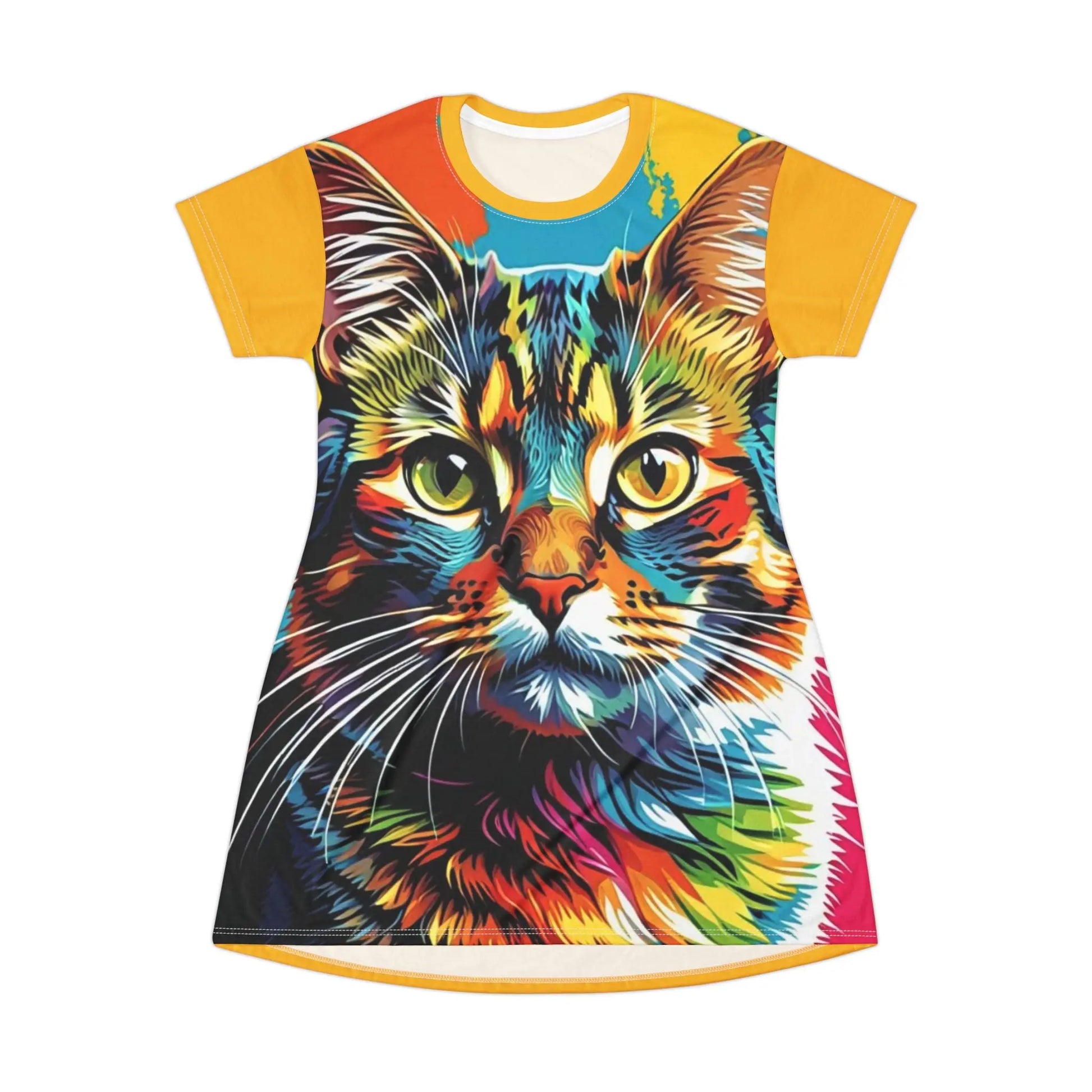 Colorful Cat Face T-Shirt Dress — Vibrant All-Over Print Cat Portrait Printify