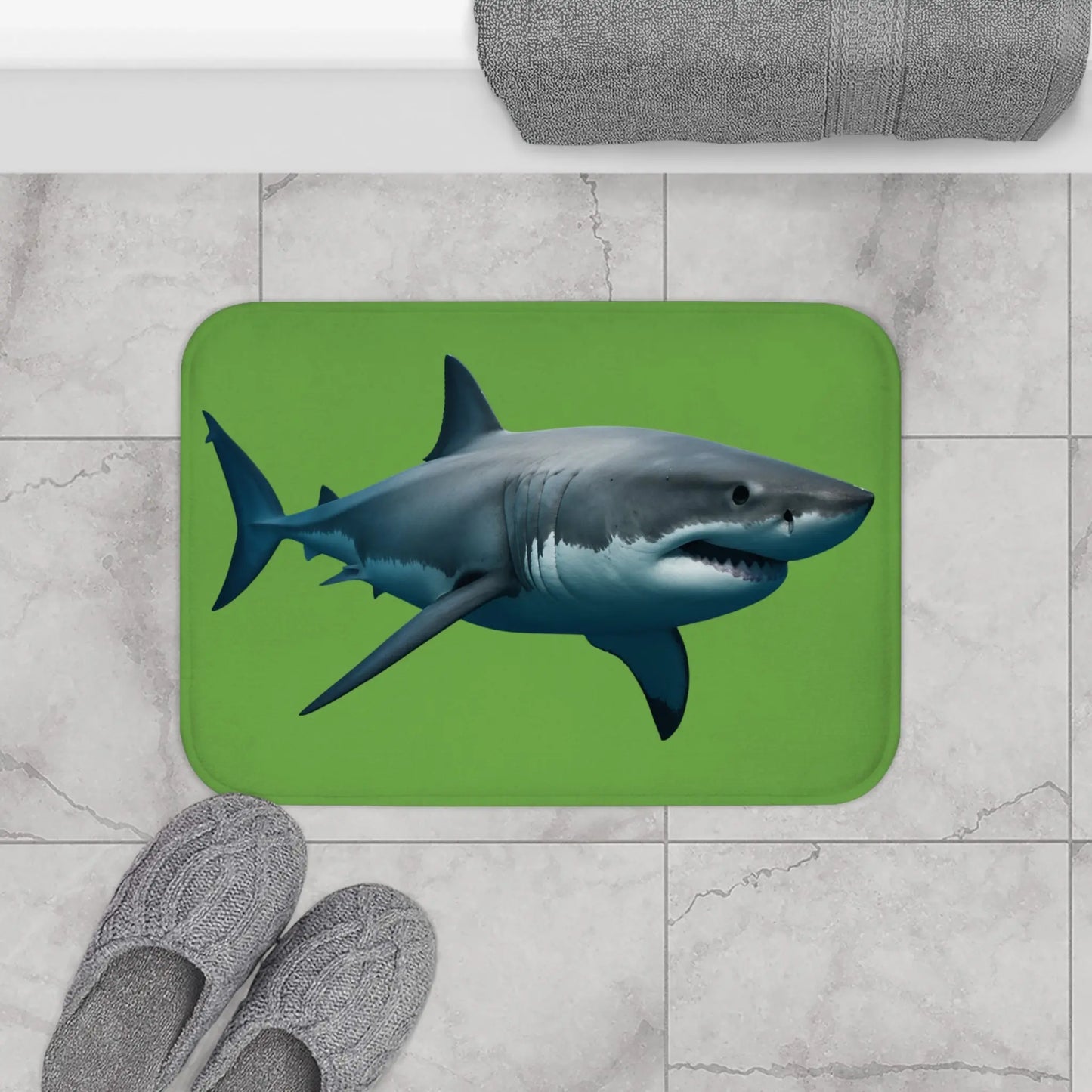 Shark Bath Mat — Realistic Great White on Green Non-Slip Bathroom Rug Printify