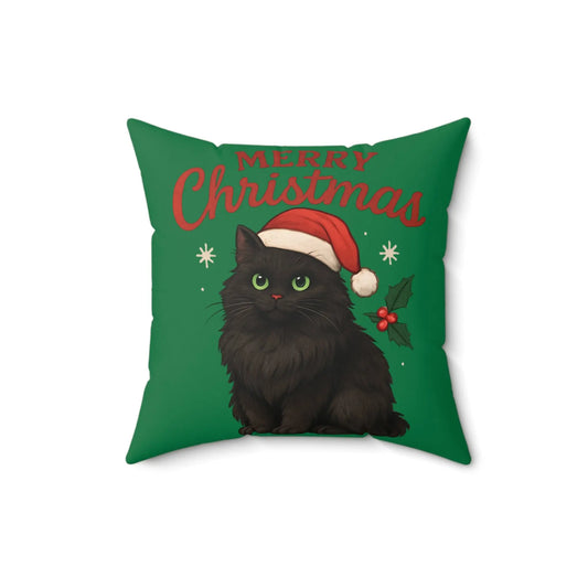 Christmas Cat Throw Pillow — Black Kitten in Santa Hat Holiday Cushion Printify