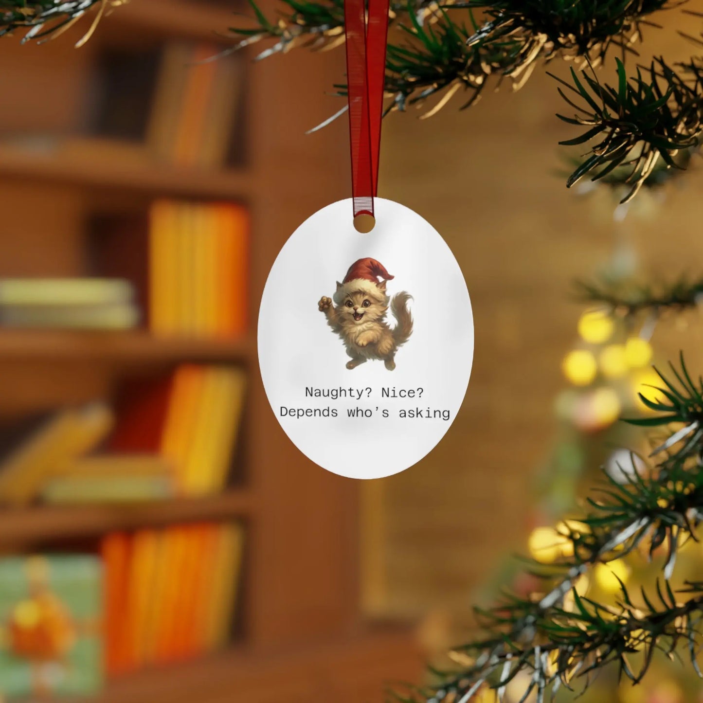 Custom Holiday Metal Ornaments - 'Naughty? Nice? Depends Who's Asking' Design - Perfect for Christmas & Personalized Gifts Printify