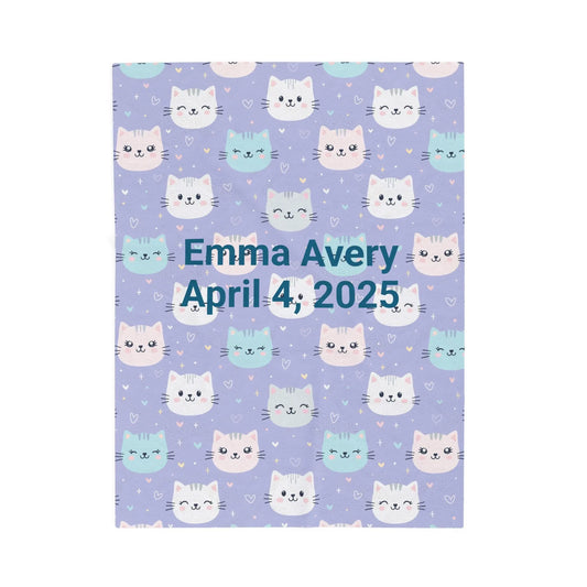 Personalized Cat Velveteen Blanket, Cozy Baby Shower Gift, Nursery Decor, Cat Lover's Plush Throw, Custom Cat Pattern Bedding Printify