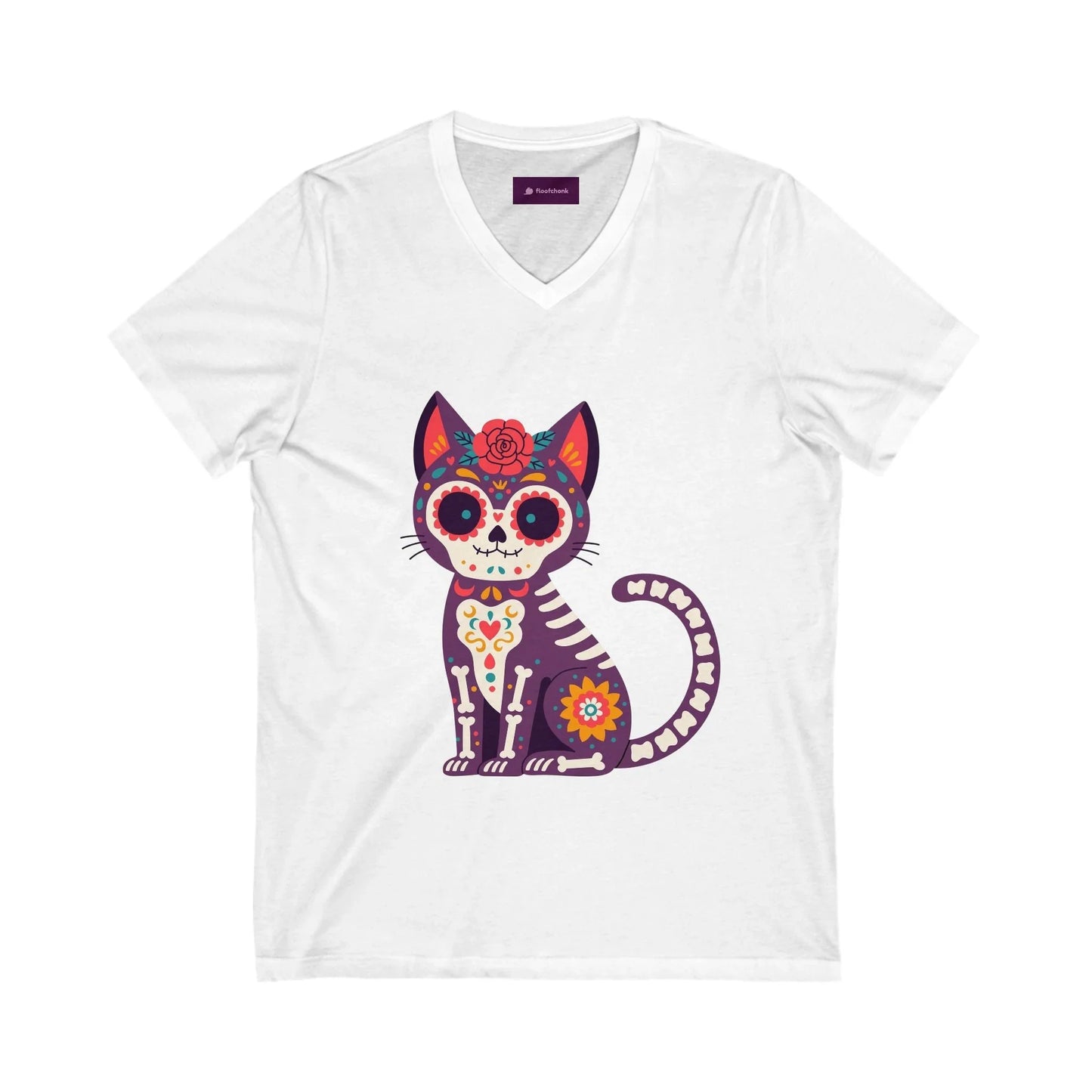 Dia de los Muertos Cat V-Neck Tee, Casual Cat Lover Shirt, Halloween Gift, Day of the Dead Top, Unique Animal Graphic Tee - FloofChonk