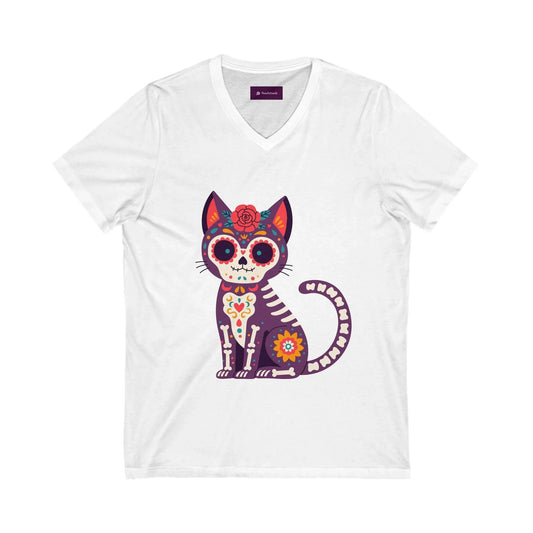Dia de los Muertos Cat V-Neck Tee, Casual Cat Lover Shirt, Halloween Gift, Day of the Dead Top, Unique Animal Graphic Tee - FloofChonk