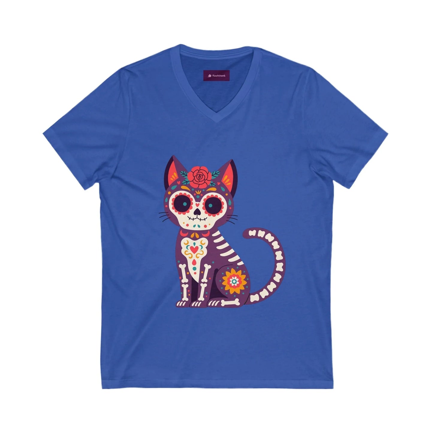 Dia de los Muertos Cat V-Neck Tee, Casual Cat Lover Shirt, Halloween Gift, Day of the Dead Top, Unique Animal Graphic Tee - FloofChonk