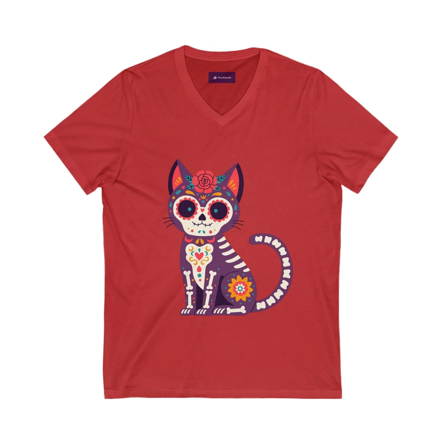 Dia de los Muertos Cat V-Neck Tee, Casual Cat Lover Shirt, Halloween Gift, Day of the Dead Top, Unique Animal Graphic Tee - FloofChonk