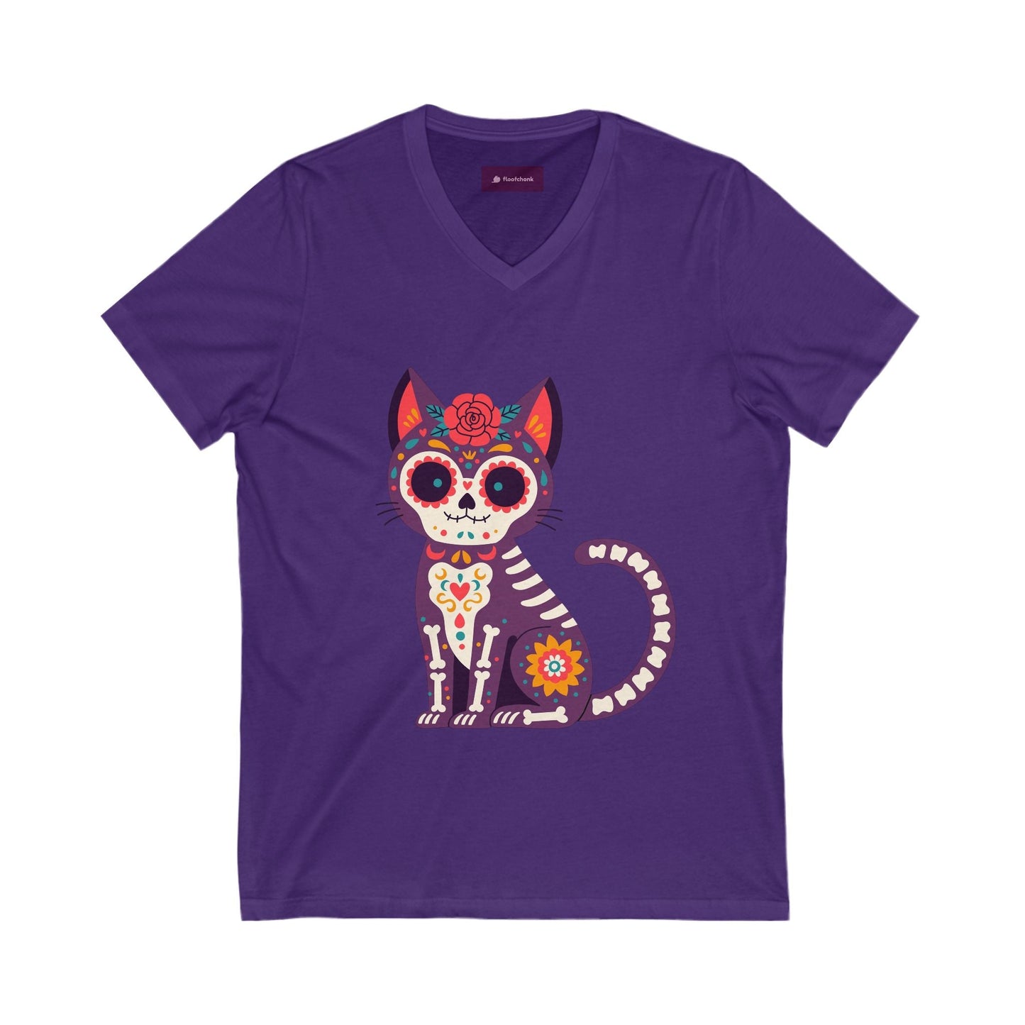 Dia de los Muertos Cat V-Neck Tee, Casual Cat Lover Shirt, Halloween Gift, Day of the Dead Top, Unique Animal Graphic Tee - FloofChonk