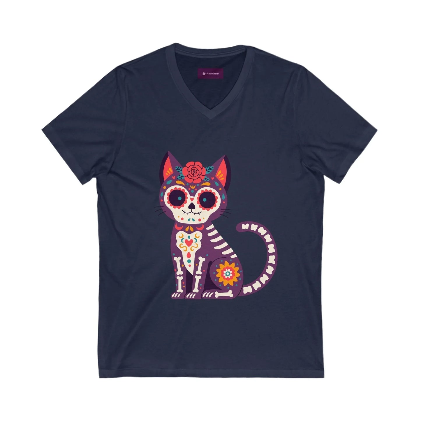 Dia de los Muertos Cat V-Neck Tee, Casual Cat Lover Shirt, Halloween Gift, Day of the Dead Top, Unique Animal Graphic Tee - FloofChonk