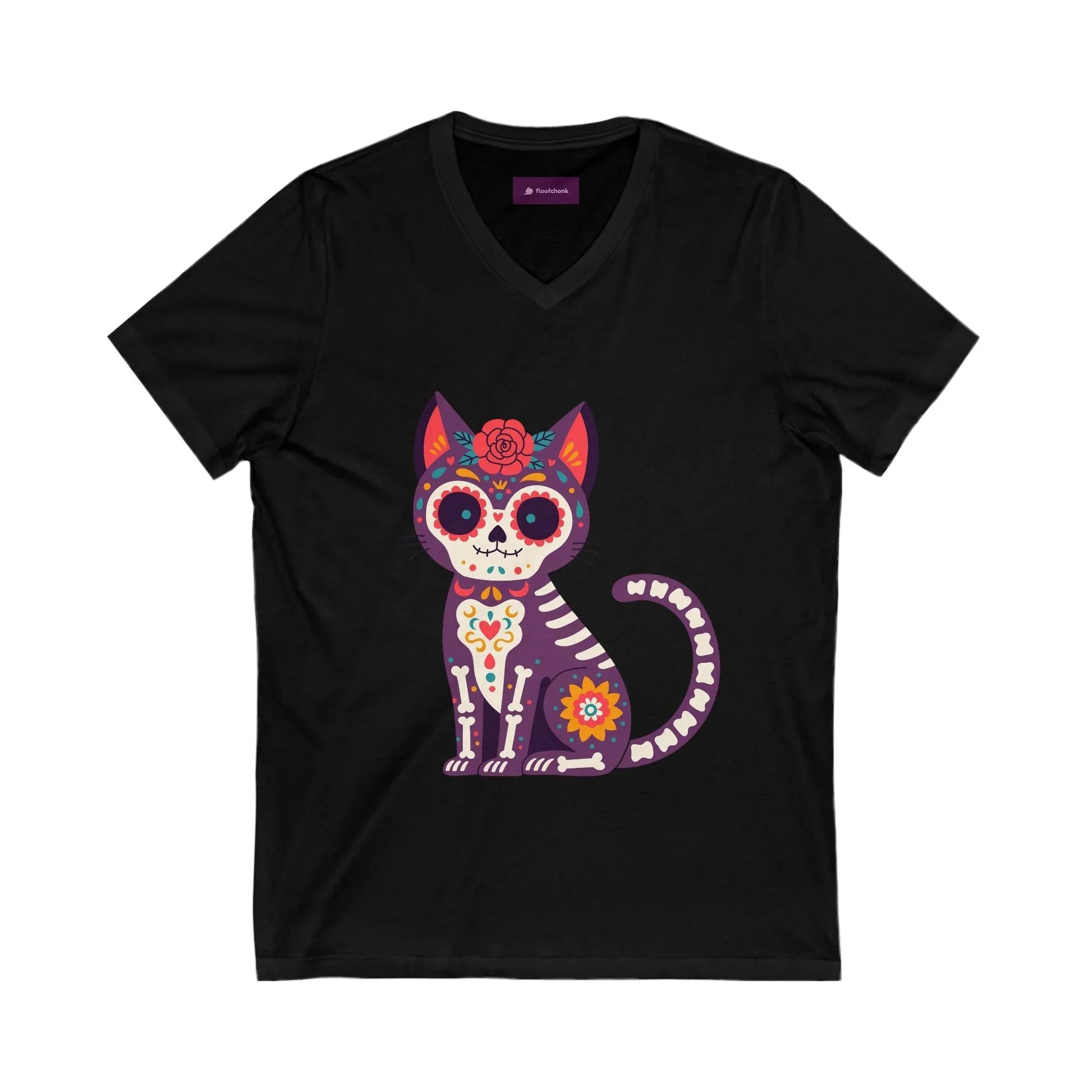 Dia de los Muertos Cat V-Neck Tee, Casual Cat Lover Shirt, Halloween Gift, Day of the Dead Top, Unique Animal Graphic Tee - FloofChonk
