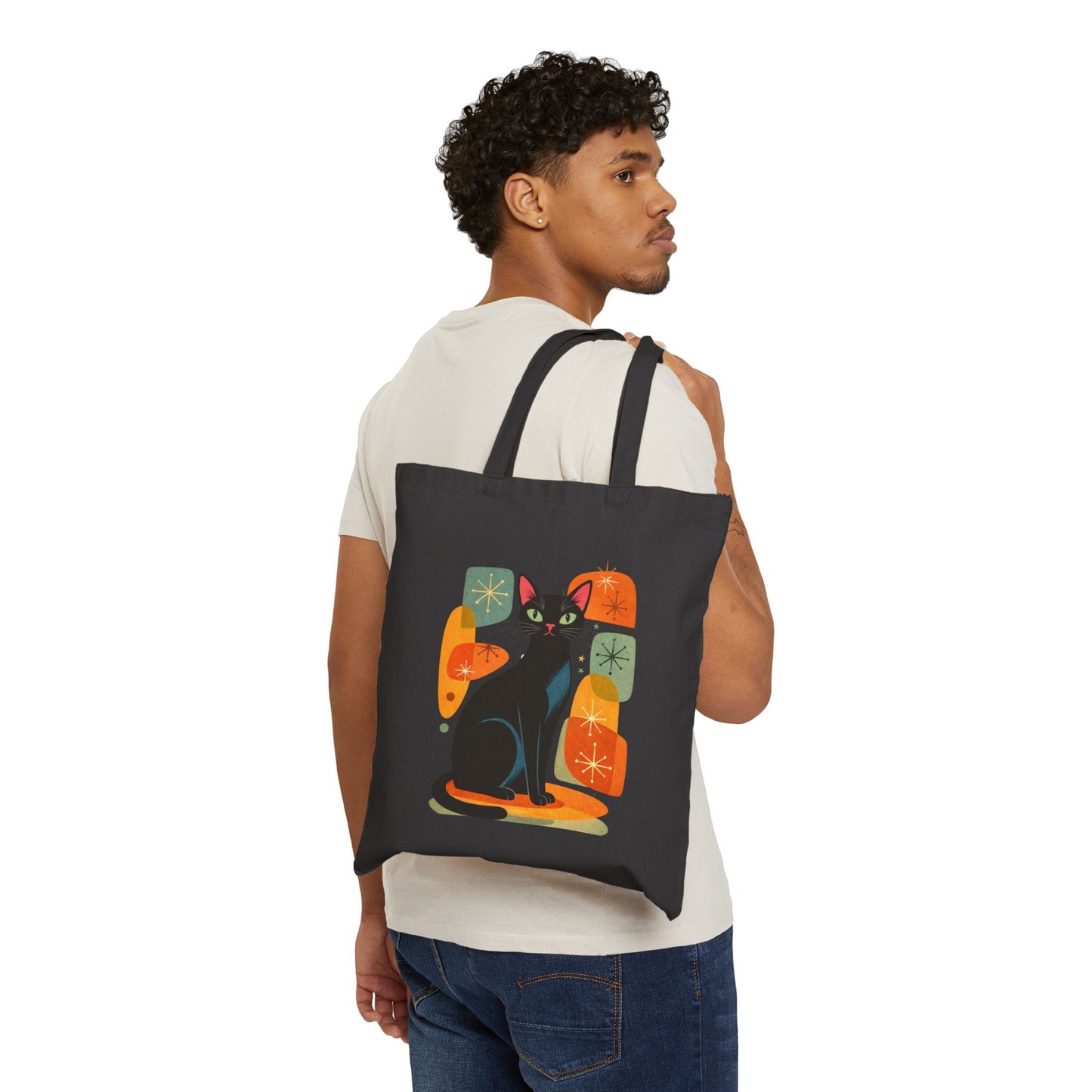 Retro Black Cat Graphic Canvas Tote Bag
