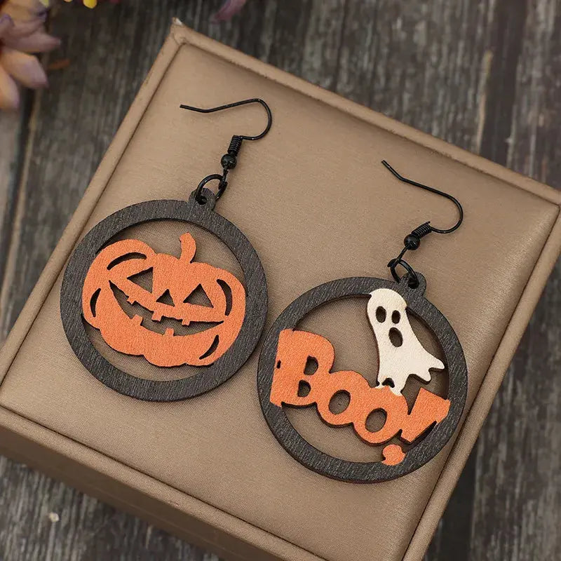 Hollow Pumpkin & Letter Wooden Earrings - FloofChonk