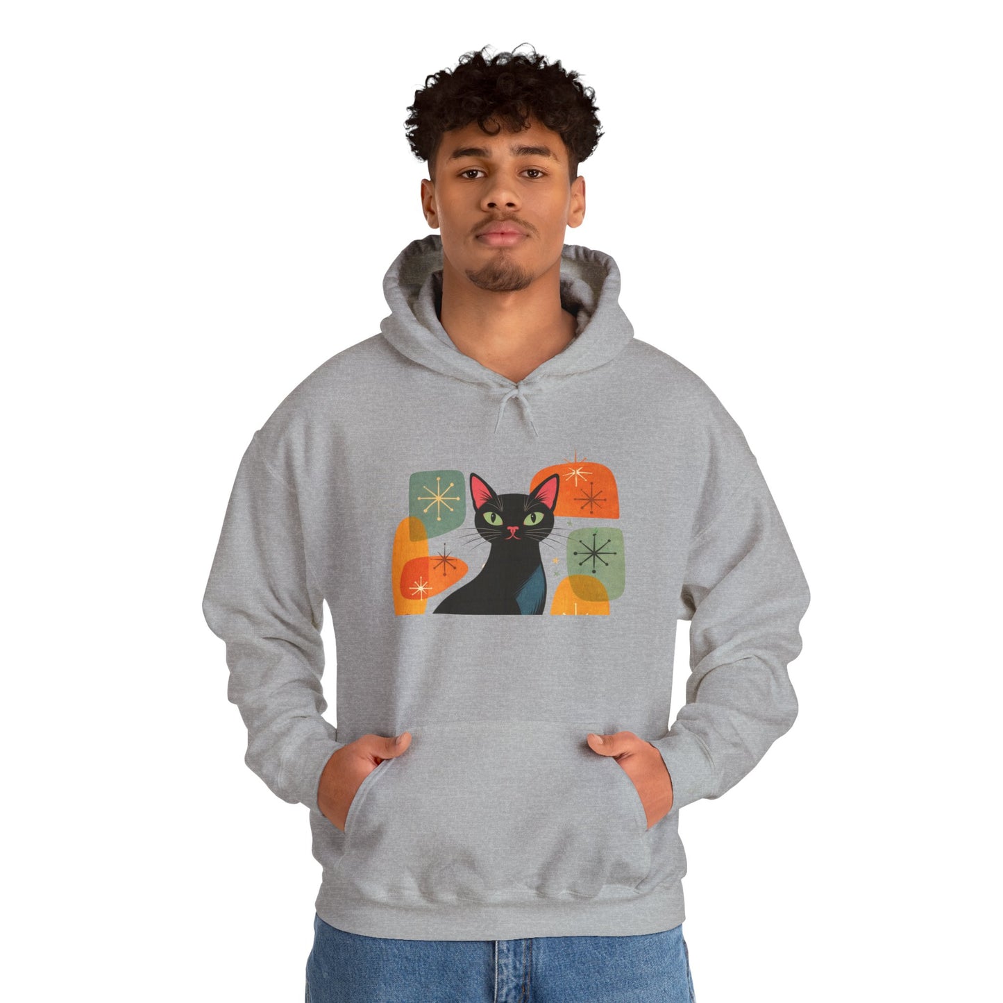 Mid-Century Modern Cat Hoodie — Retro Cool Graphic Sweatshirt