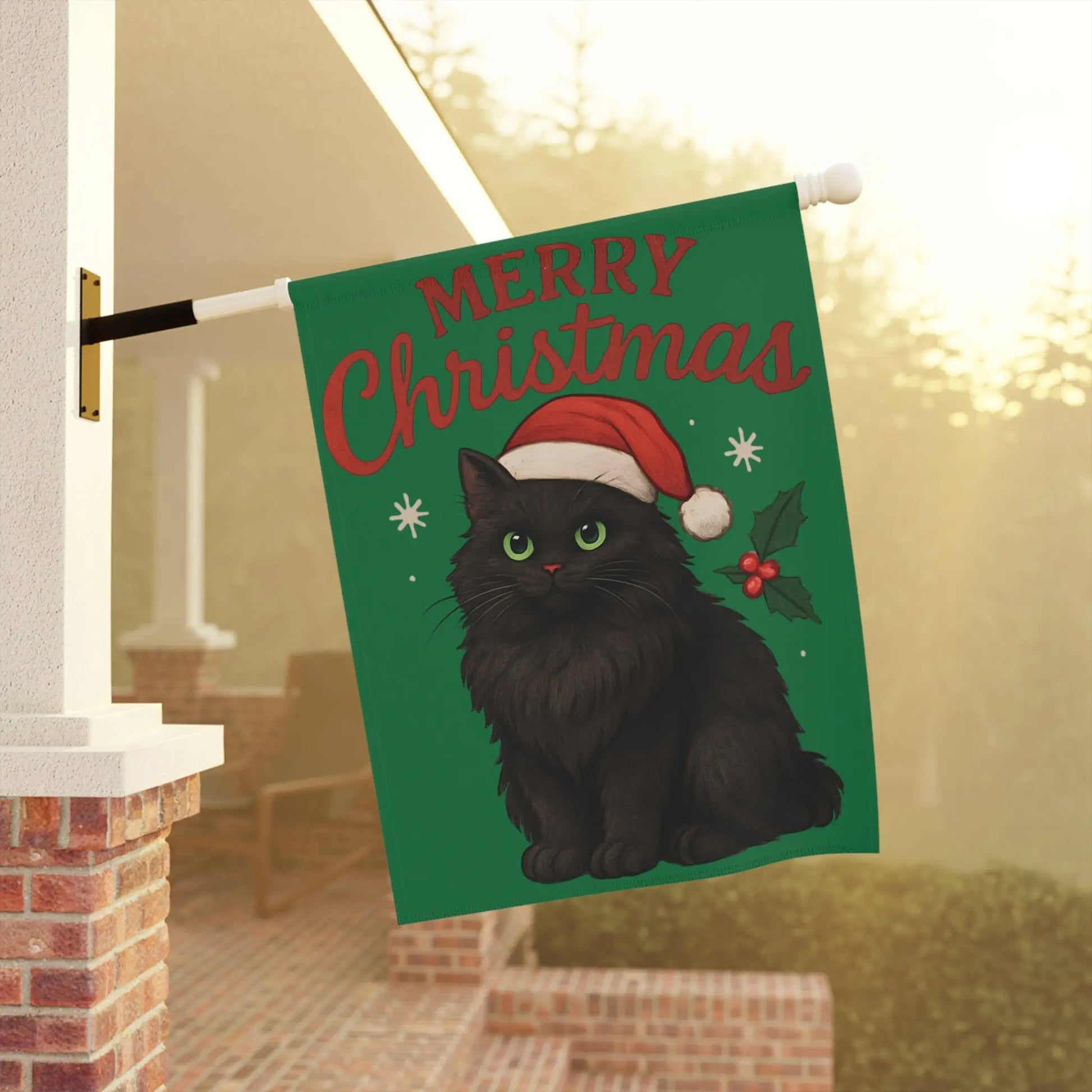 Merry Christmas Black Cat Garden Flag — Holiday House Banner Printify
