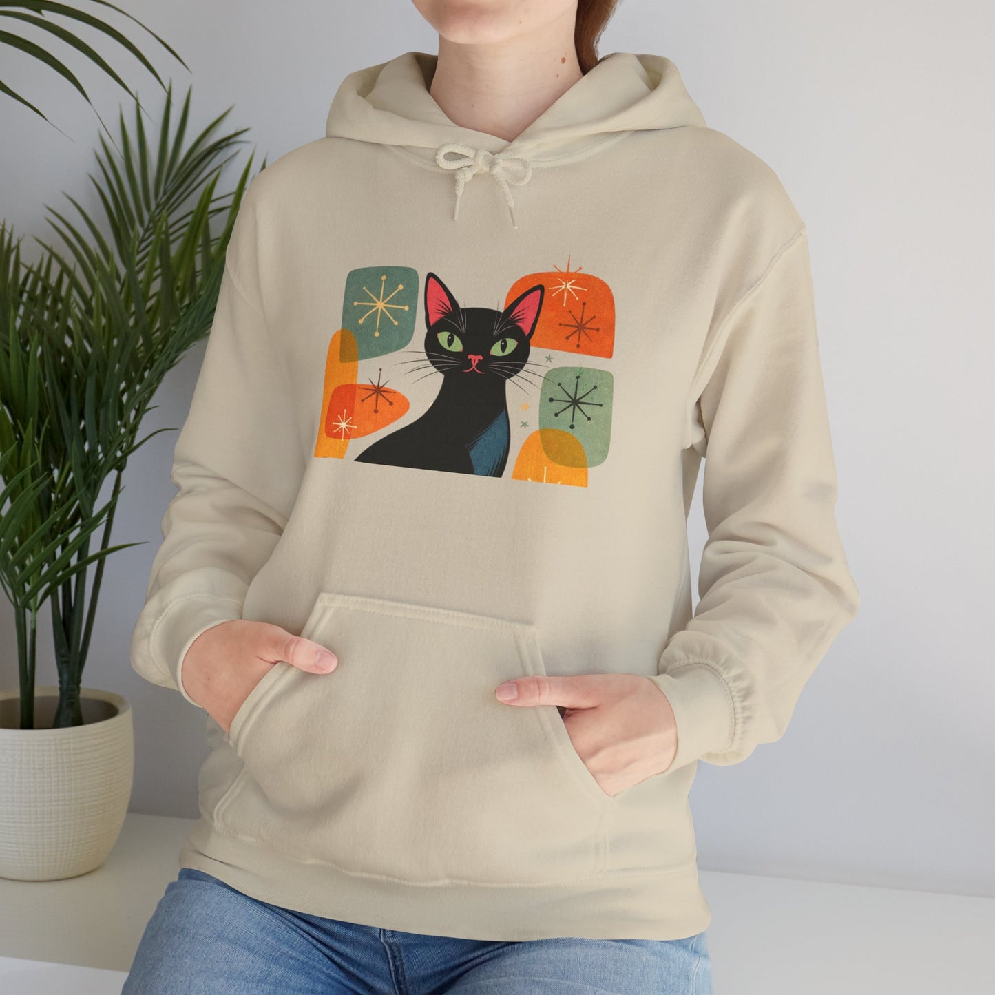 Mid-Century Modern Cat Hoodie — Retro Cool Graphic Sweatshirt