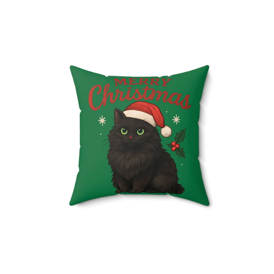 Christmas Cat Throw Pillow — Black Kitten in Santa Hat Holiday Cushion Printify