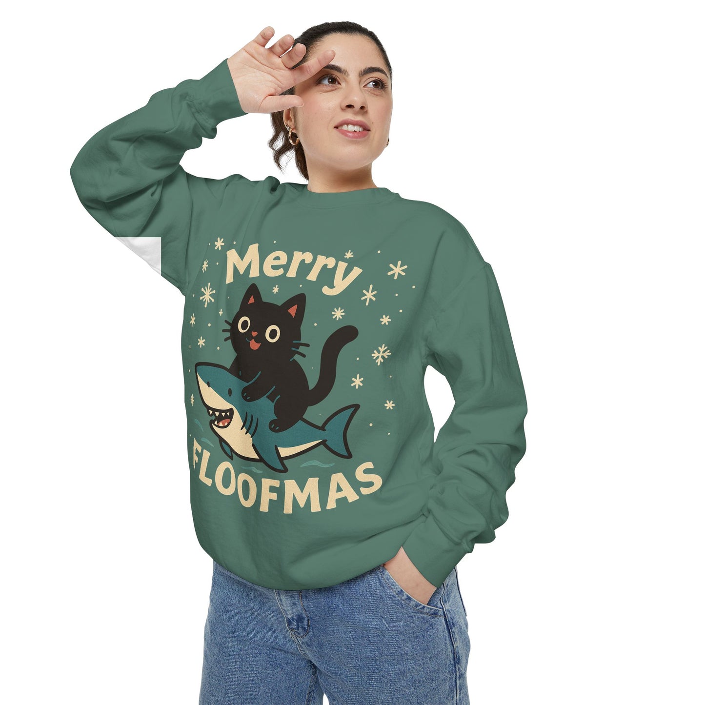 Merry Floofmas Sweatshirt — Cute Cat Riding Shark Holiday Sweater