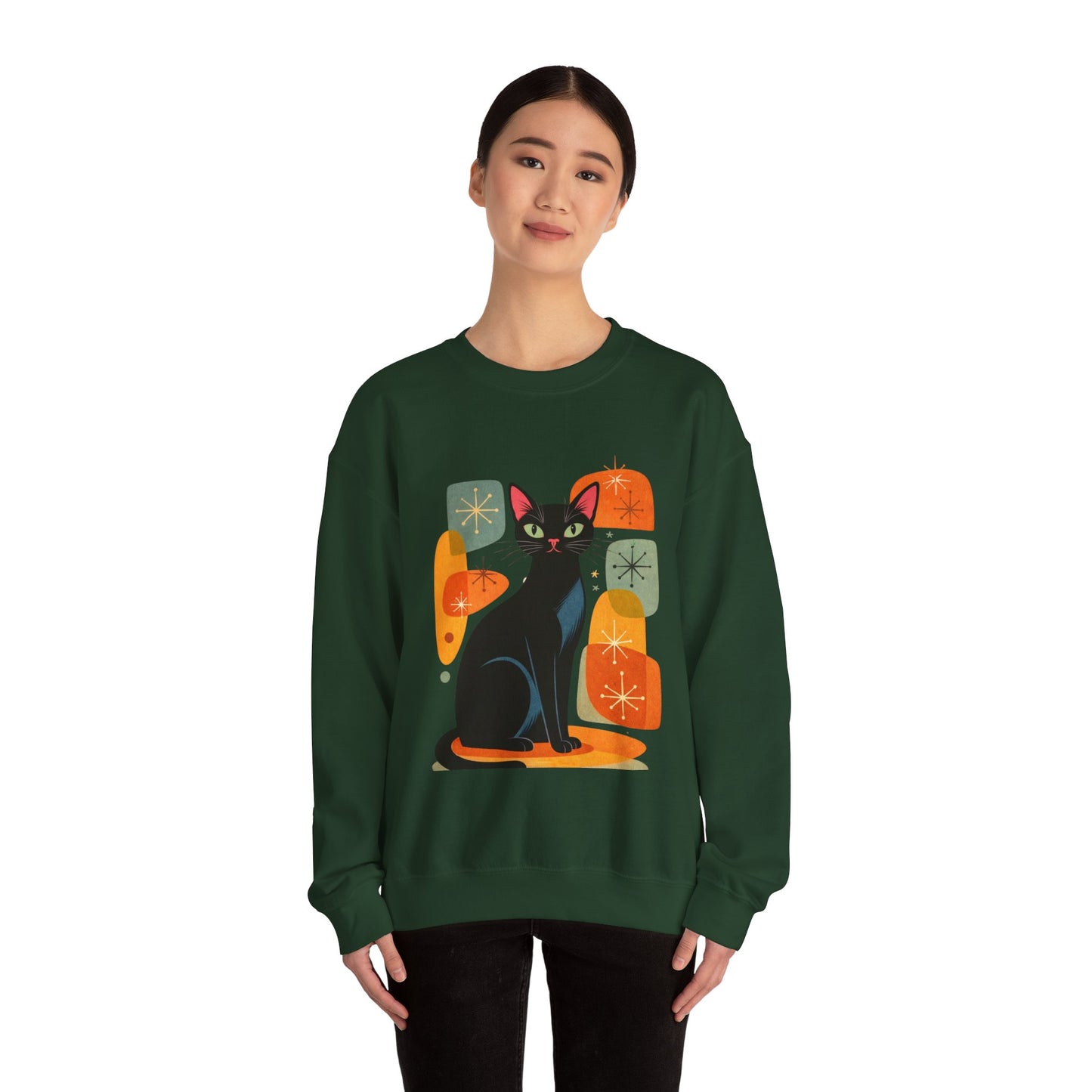 Retro Black Cat Crewneck Sweatshirt — Vintage Cat Graphic