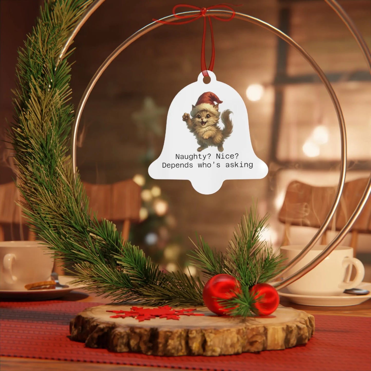 Custom Holiday Metal Ornaments - 'Naughty? Nice? Depends Who's Asking' Design - Perfect for Christmas & Personalized Gifts Printify