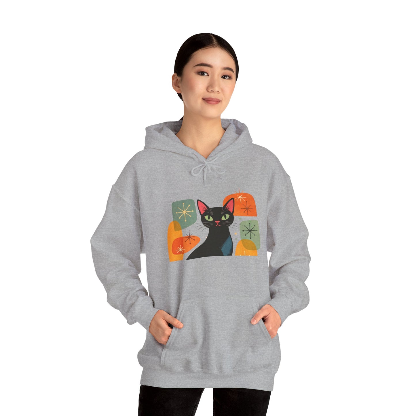 Mid-Century Modern Cat Hoodie — Retro Cool Graphic Sweatshirt