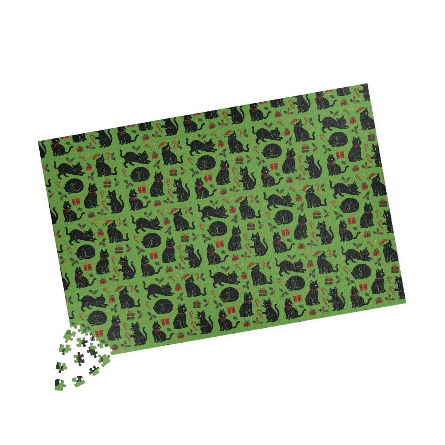 Green Christmas Cats Puzzle – Spooky Cat Pattern Jigsaw (110/252/520/1014 pcs) Printify