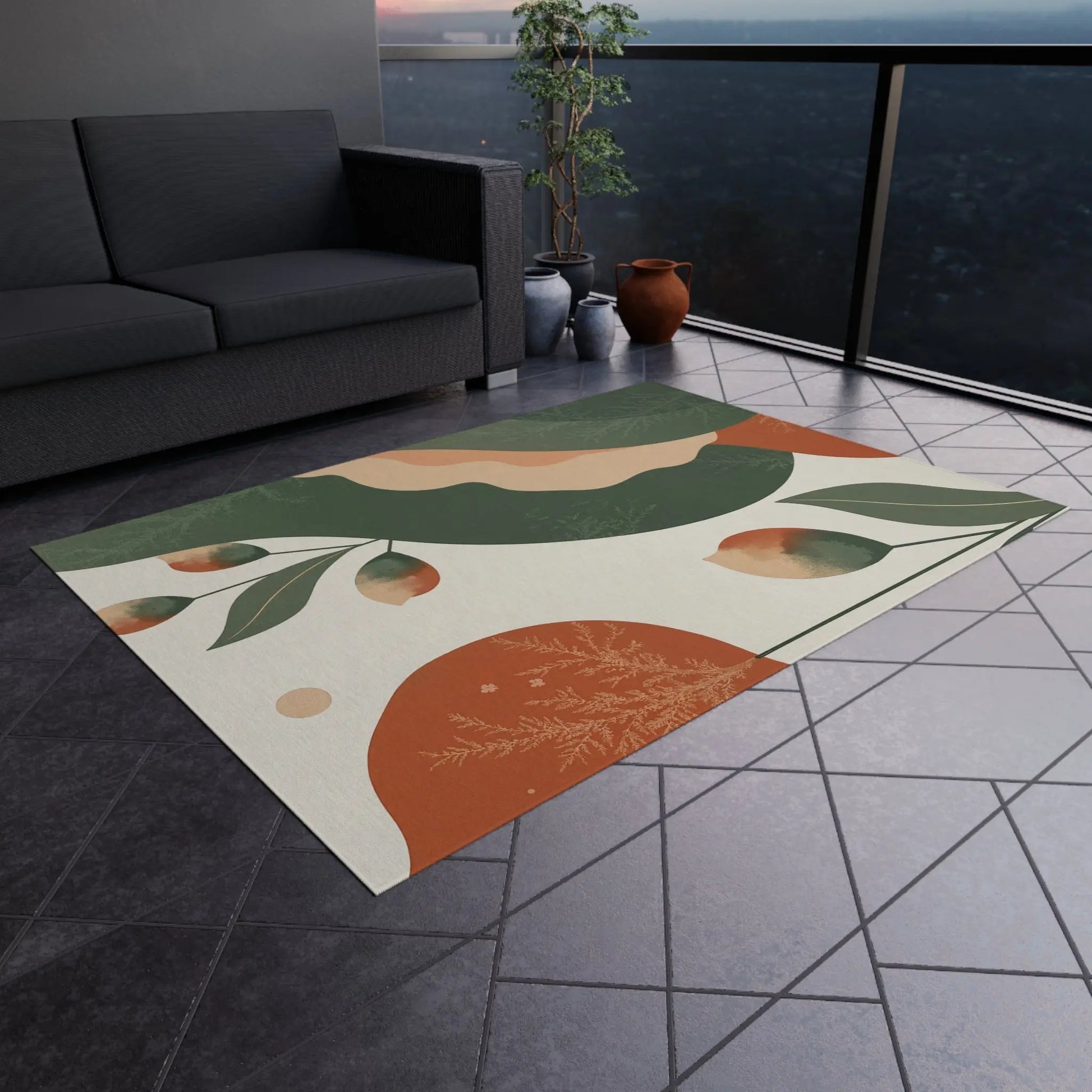 Abstract Botanical Outdoor Rug — Green & Terracotta Patio Mat Printify