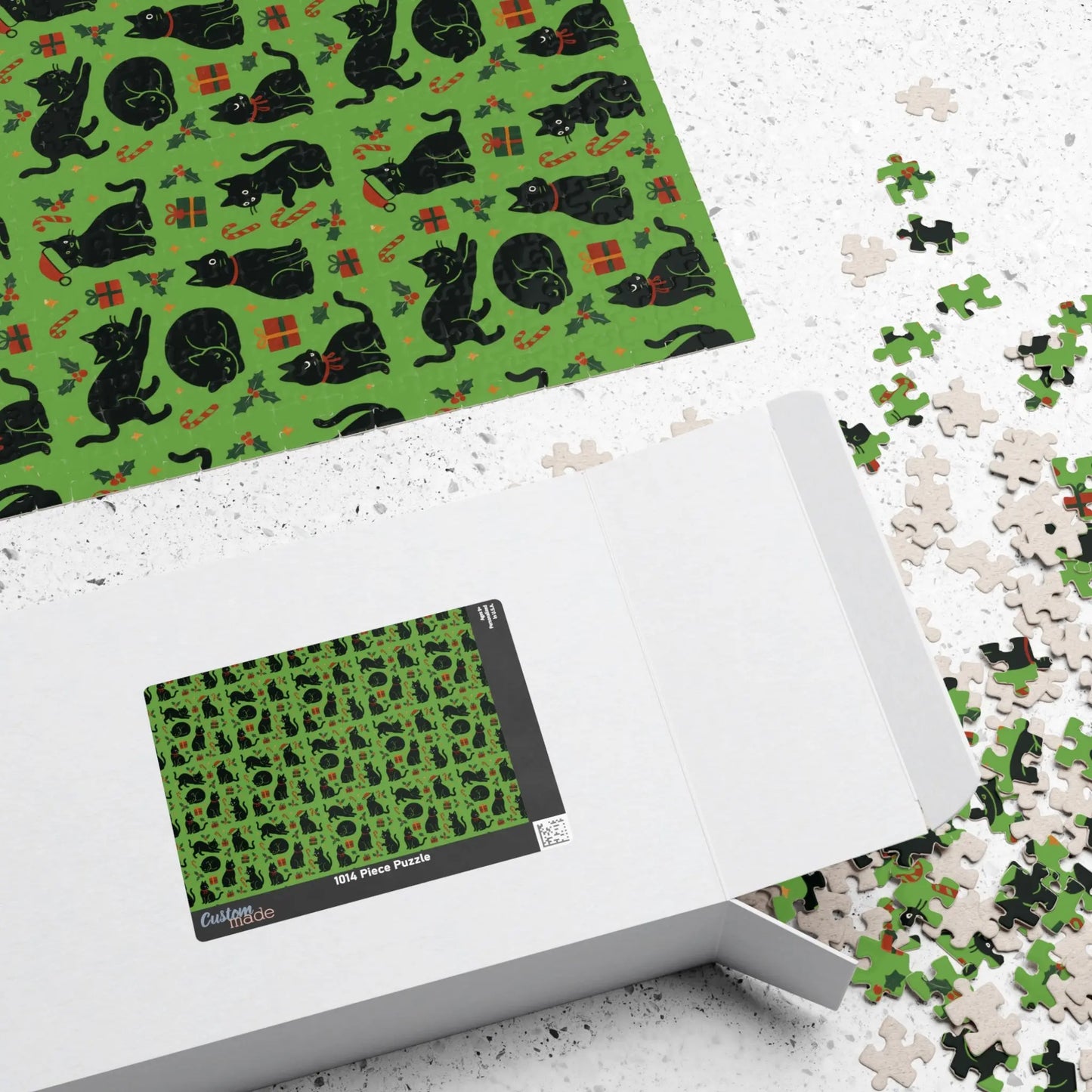 Green Christmas Cats Puzzle – Spooky Cat Pattern Jigsaw (110/252/520/1014 pcs) Printify