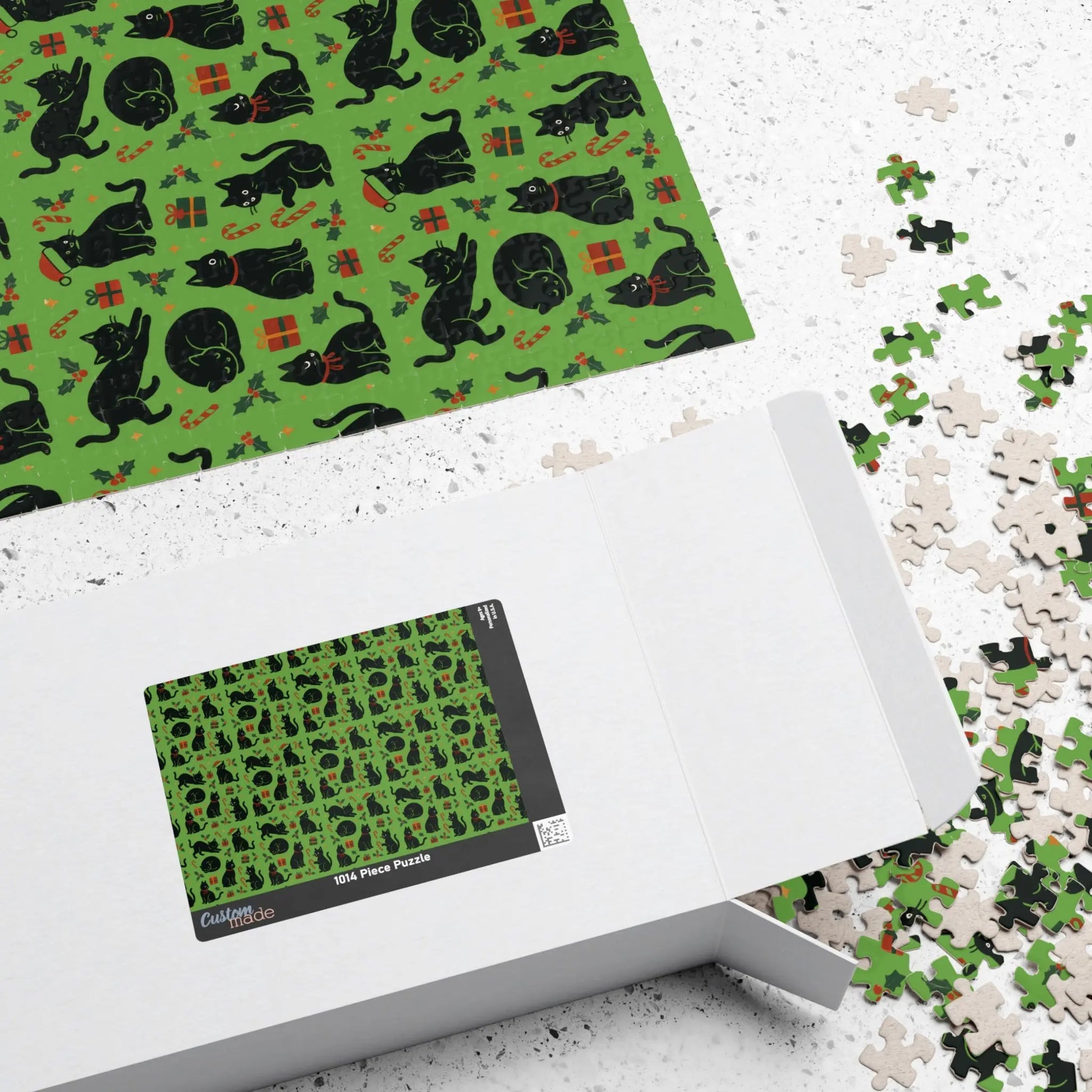 Green Christmas Cats Puzzle – Spooky Cat Pattern Jigsaw (110/252/520/1014 pcs) Printify