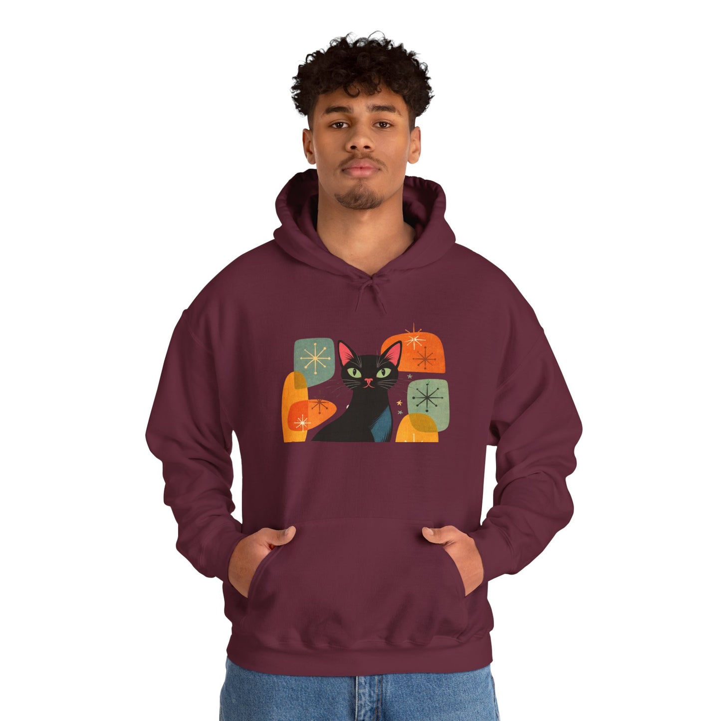 Mid-Century Modern Cat Hoodie — Retro Cool Graphic Sweatshirt