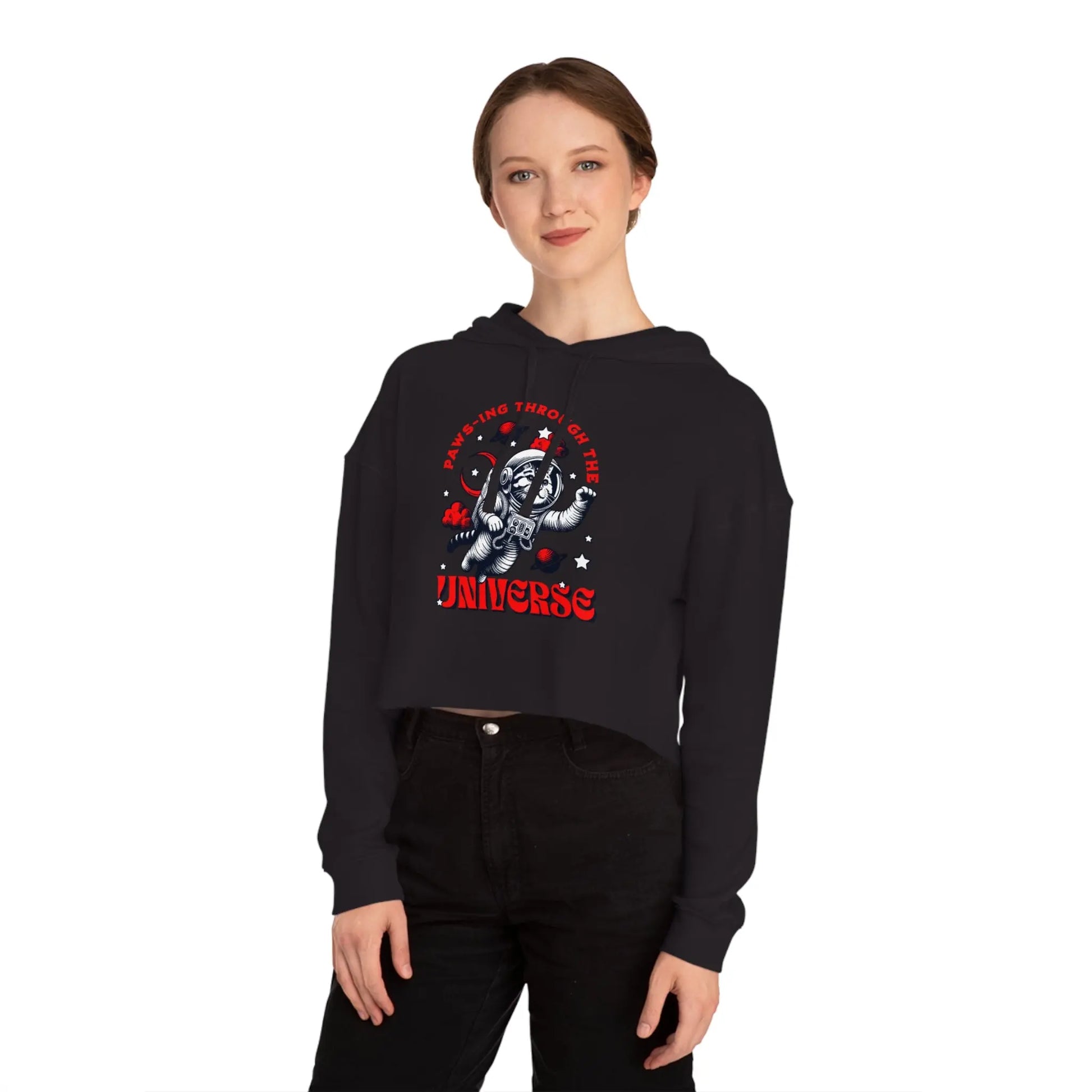 Cat Lover's Cropped Hoodie - Pam-pawing Through the Universe Printify
