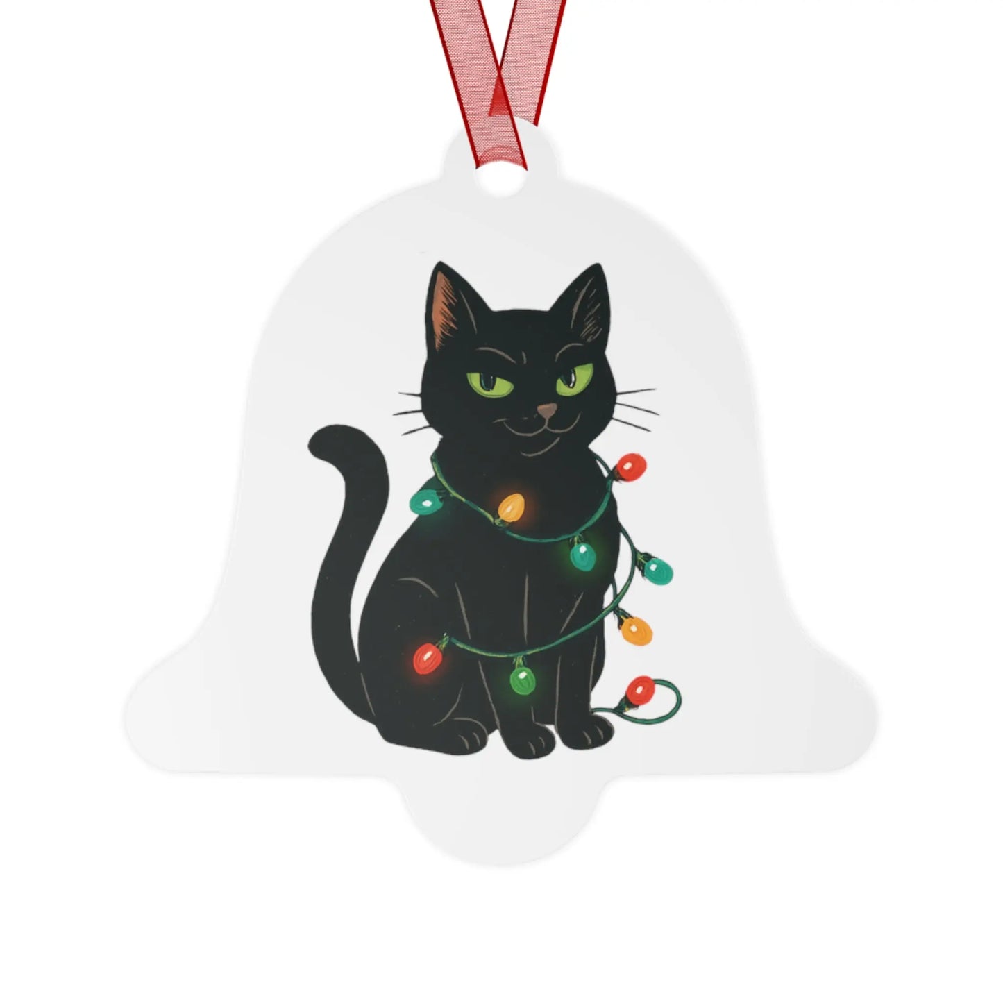 Bell Metal Ornament — Black Cat with Christmas Lights, “Definitely Naughty. Christmas 2025” Printify