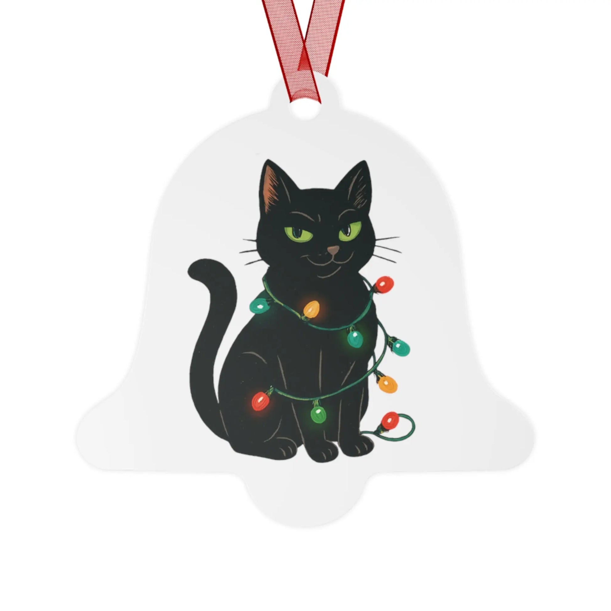 Bell Metal Ornament — Black Cat with Christmas Lights, “Definitely Naughty. Christmas 2025” Printify