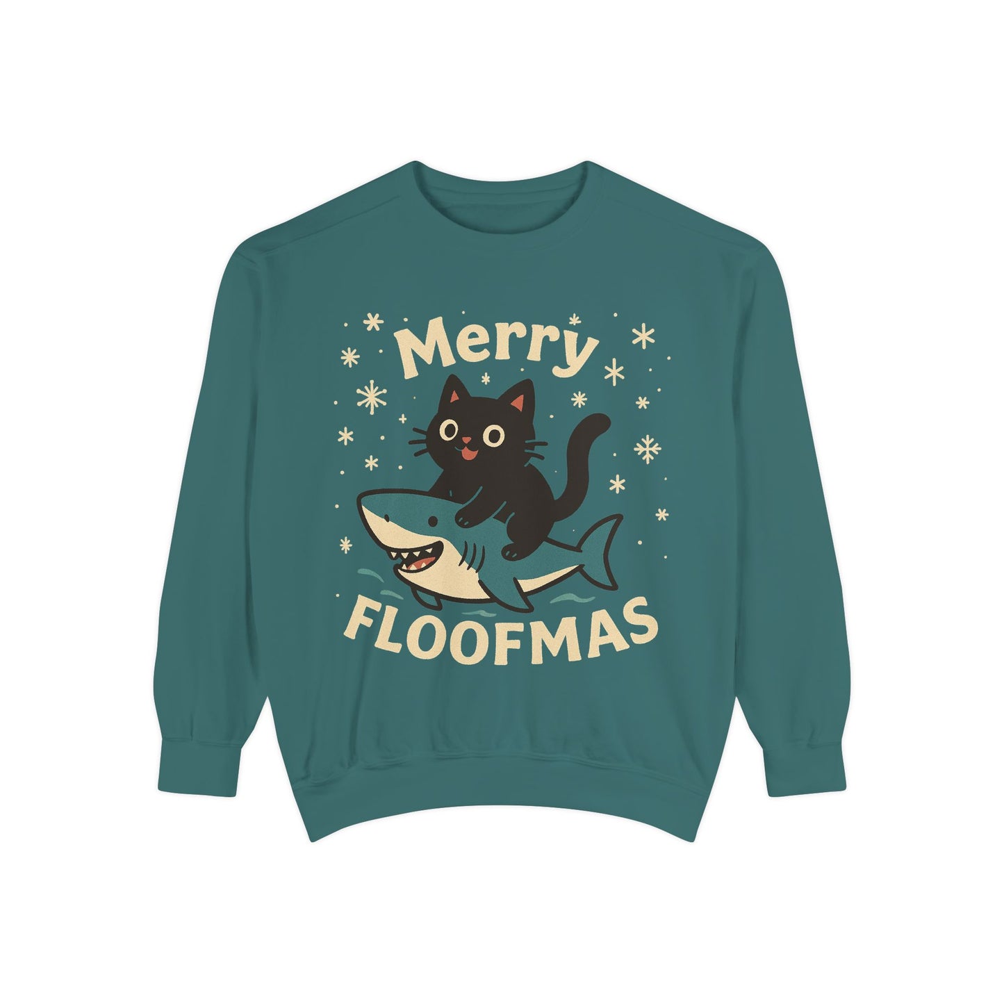 Merry Floofmas Sweatshirt — Cute Cat Riding Shark Holiday Sweater