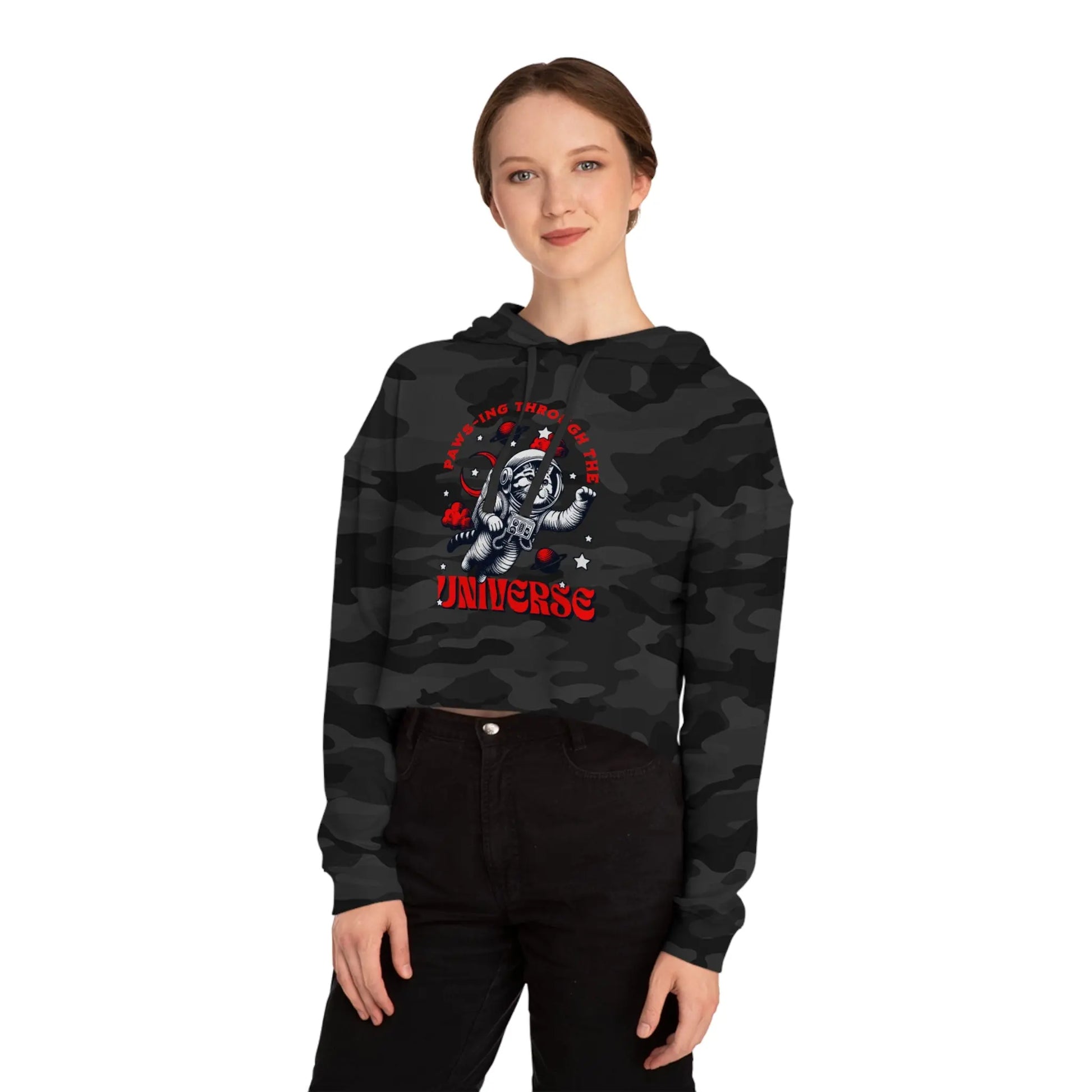 Cat Lover's Cropped Hoodie - Pam-pawing Through the Universe Printify