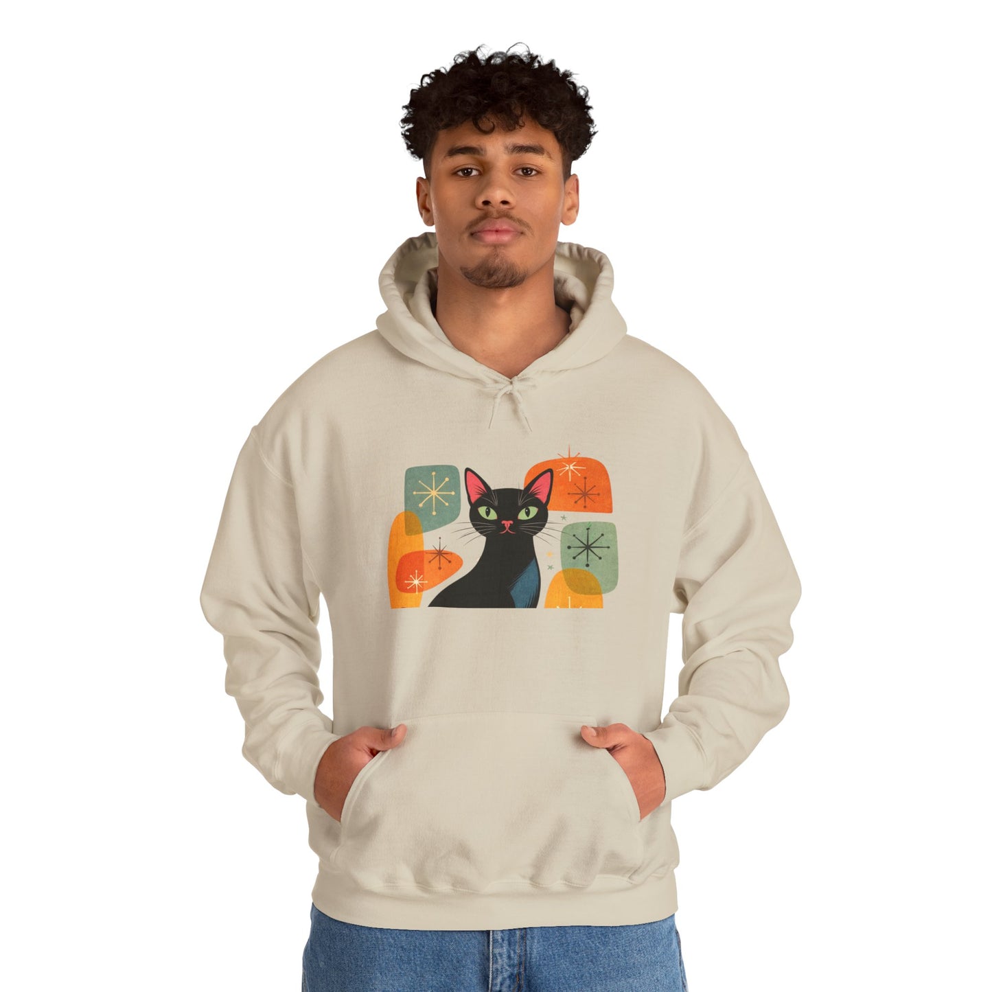 Mid-Century Modern Cat Hoodie — Retro Cool Graphic Sweatshirt