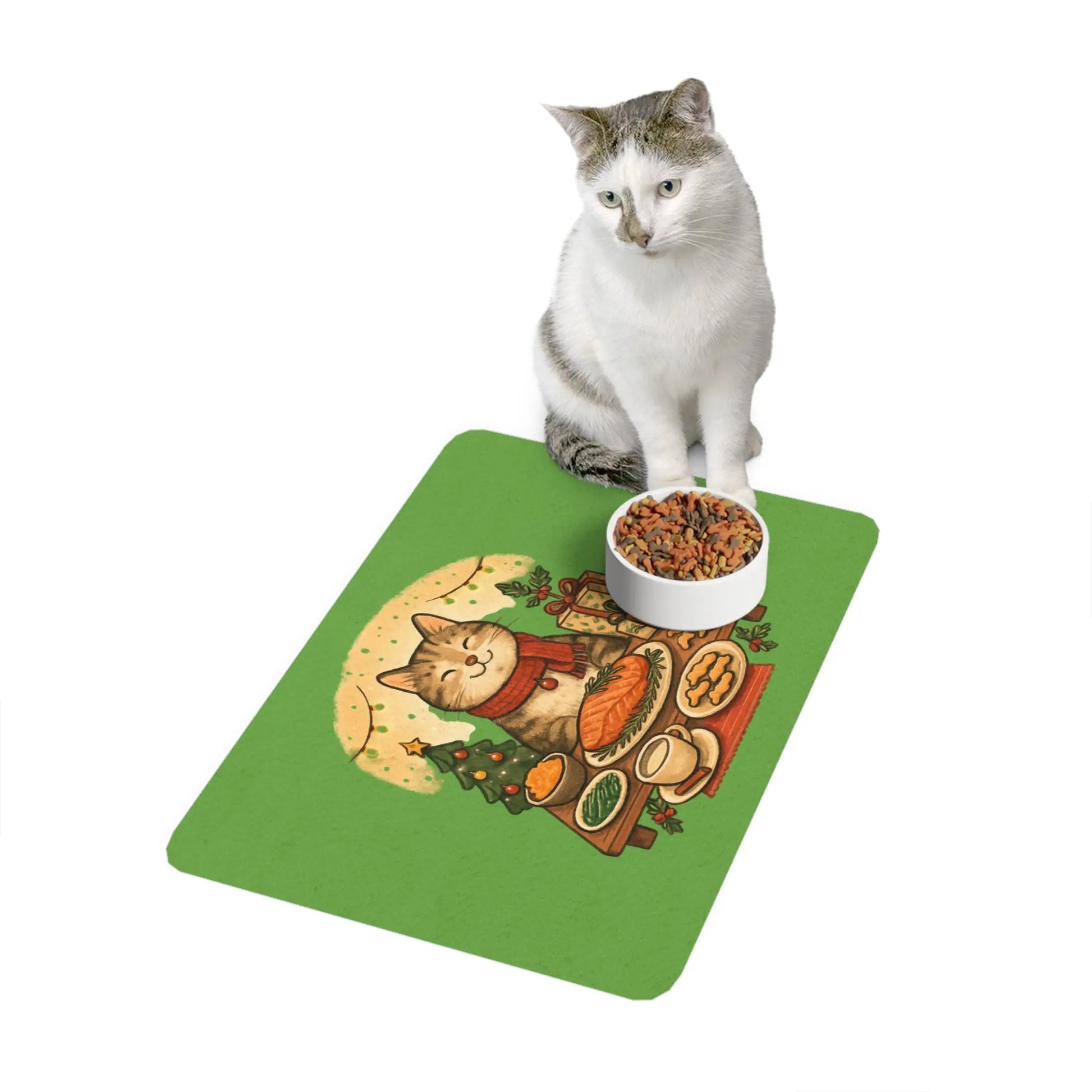 Holiday Cat Feast Pet Food Mat | 12x18 Christmas Cat Placemat Printify