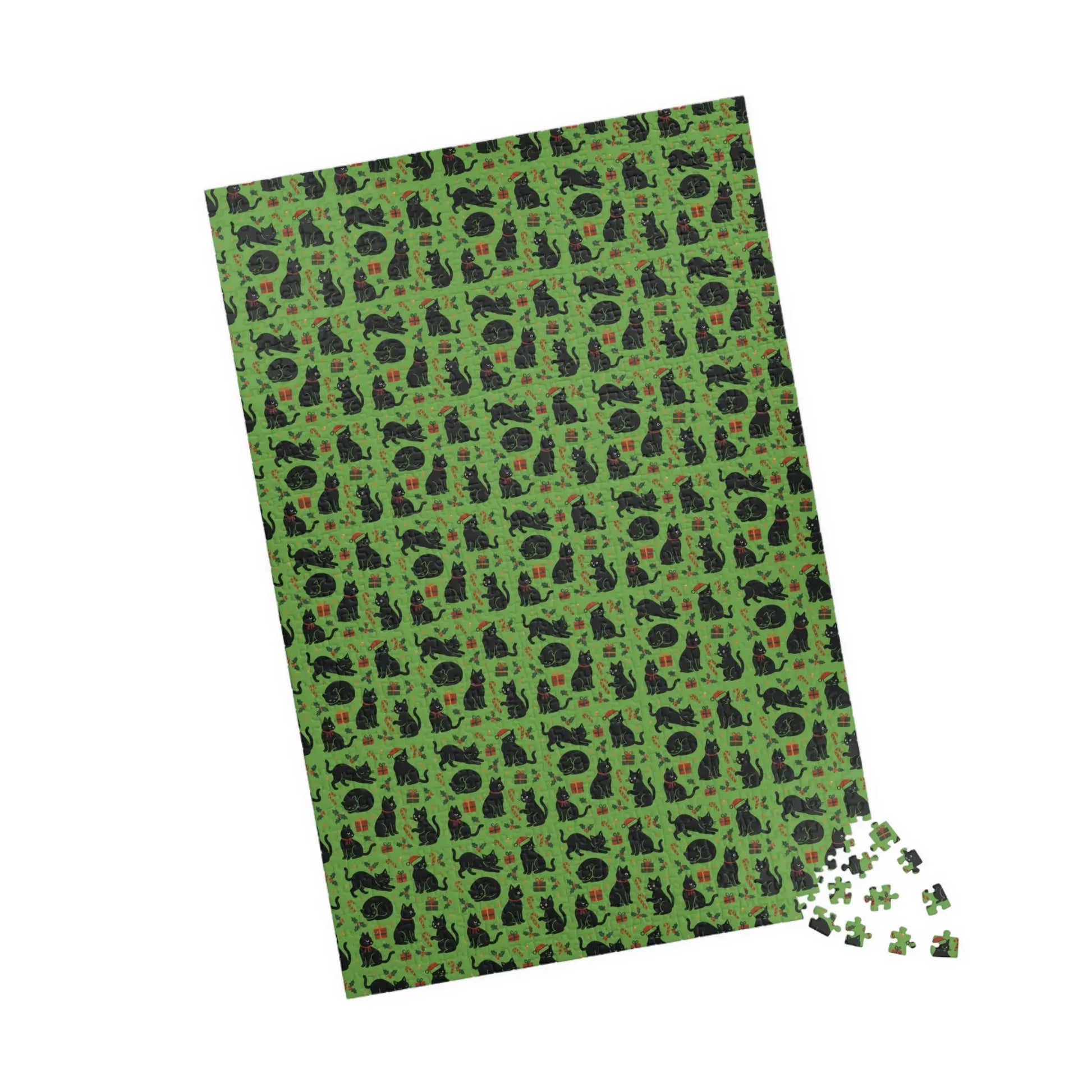 Green Christmas Cats Puzzle – Spooky Cat Pattern Jigsaw (110/252/520/1014 pcs) Printify