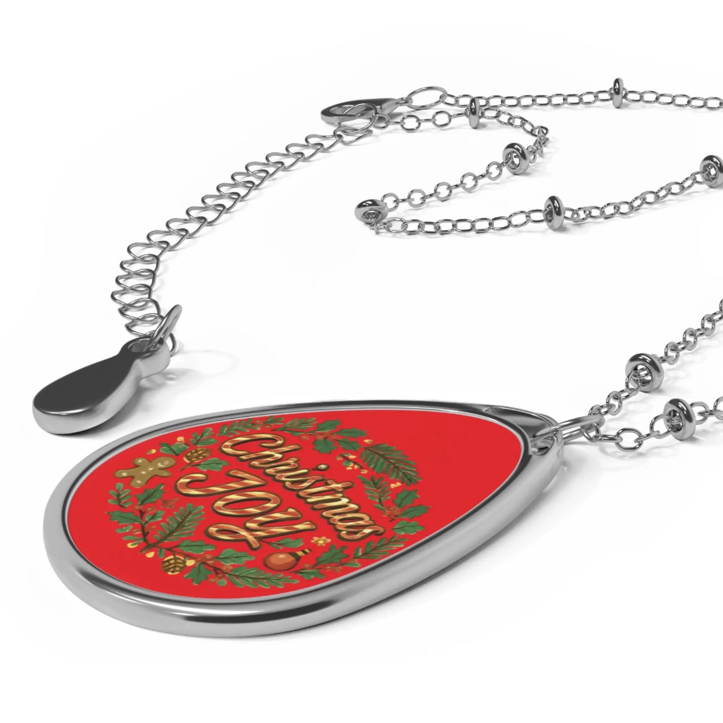 Christmas Joy Oval Necklace – Holiday Pendant Necklace with Festive Red Wreath Design Printify