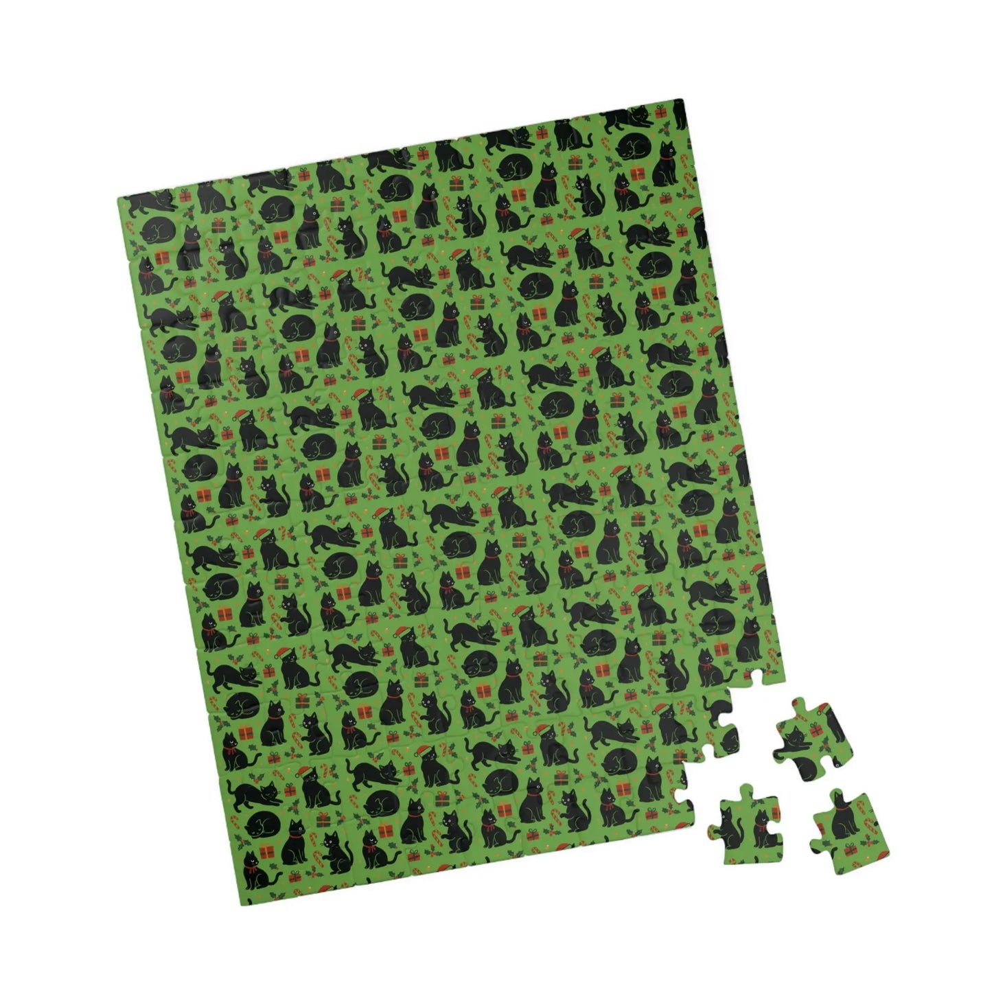 Green Christmas Cats Puzzle – Spooky Cat Pattern Jigsaw (110/252/520/1014 pcs) Printify