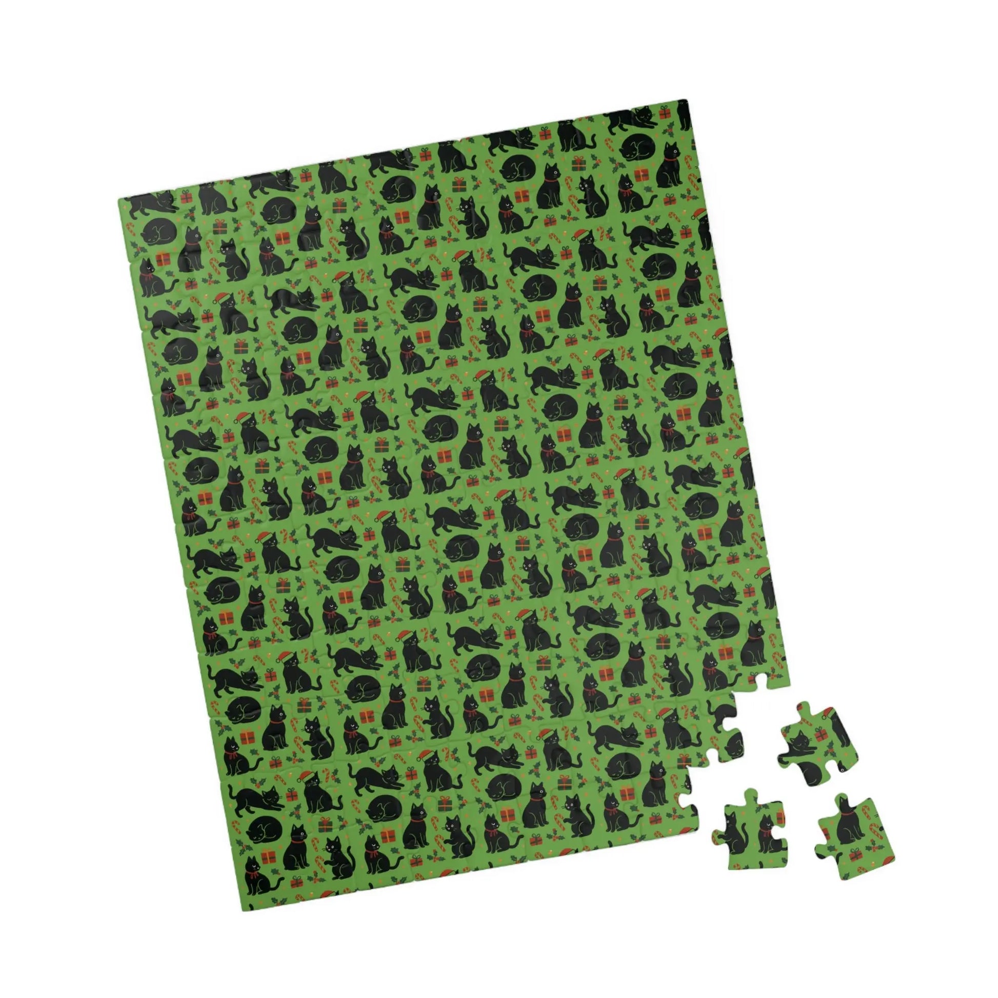 Green Christmas Cats Puzzle – Spooky Cat Pattern Jigsaw (110/252/520/1014 pcs) Printify