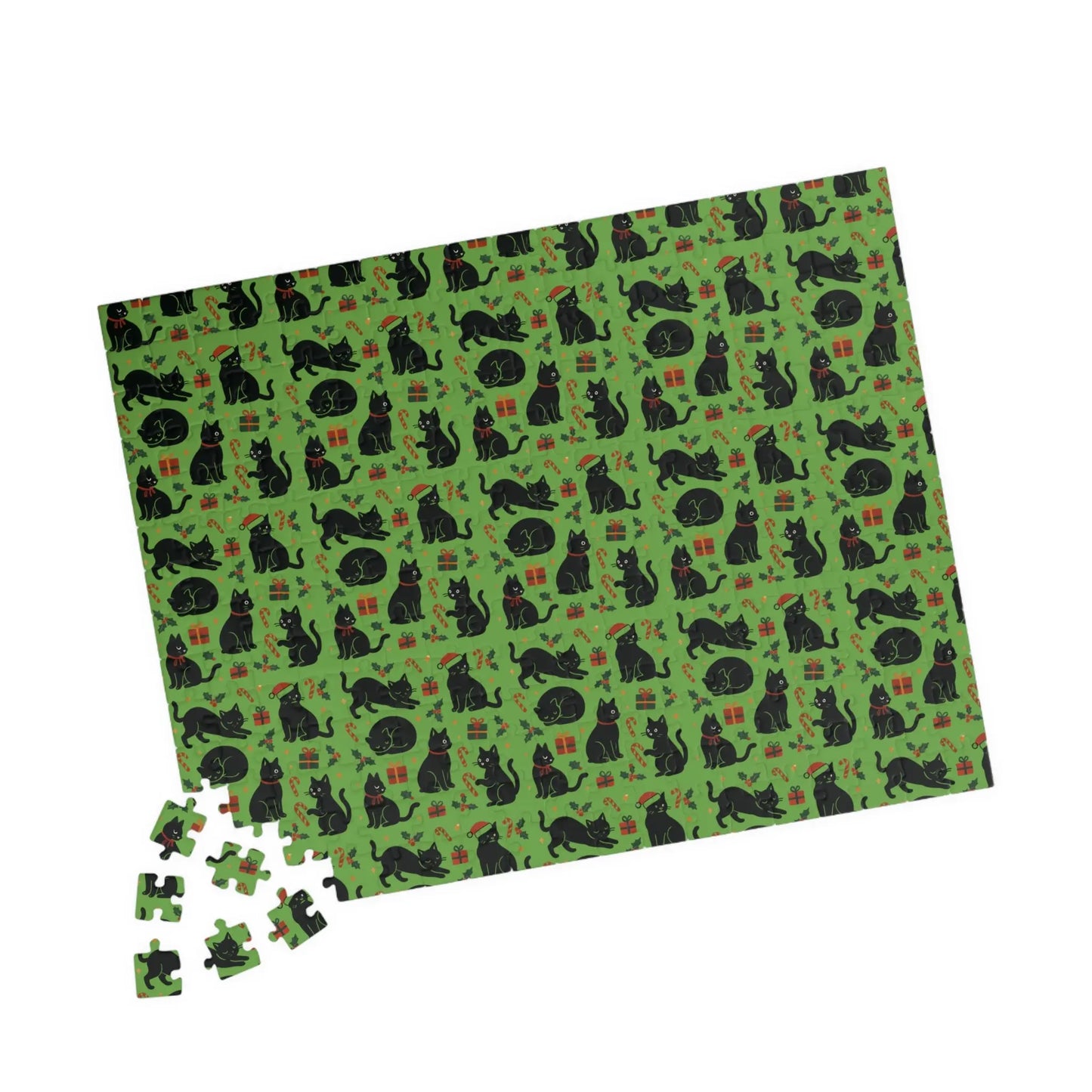 Green Christmas Cats Puzzle – Spooky Cat Pattern Jigsaw (110/252/520/1014 pcs) Printify