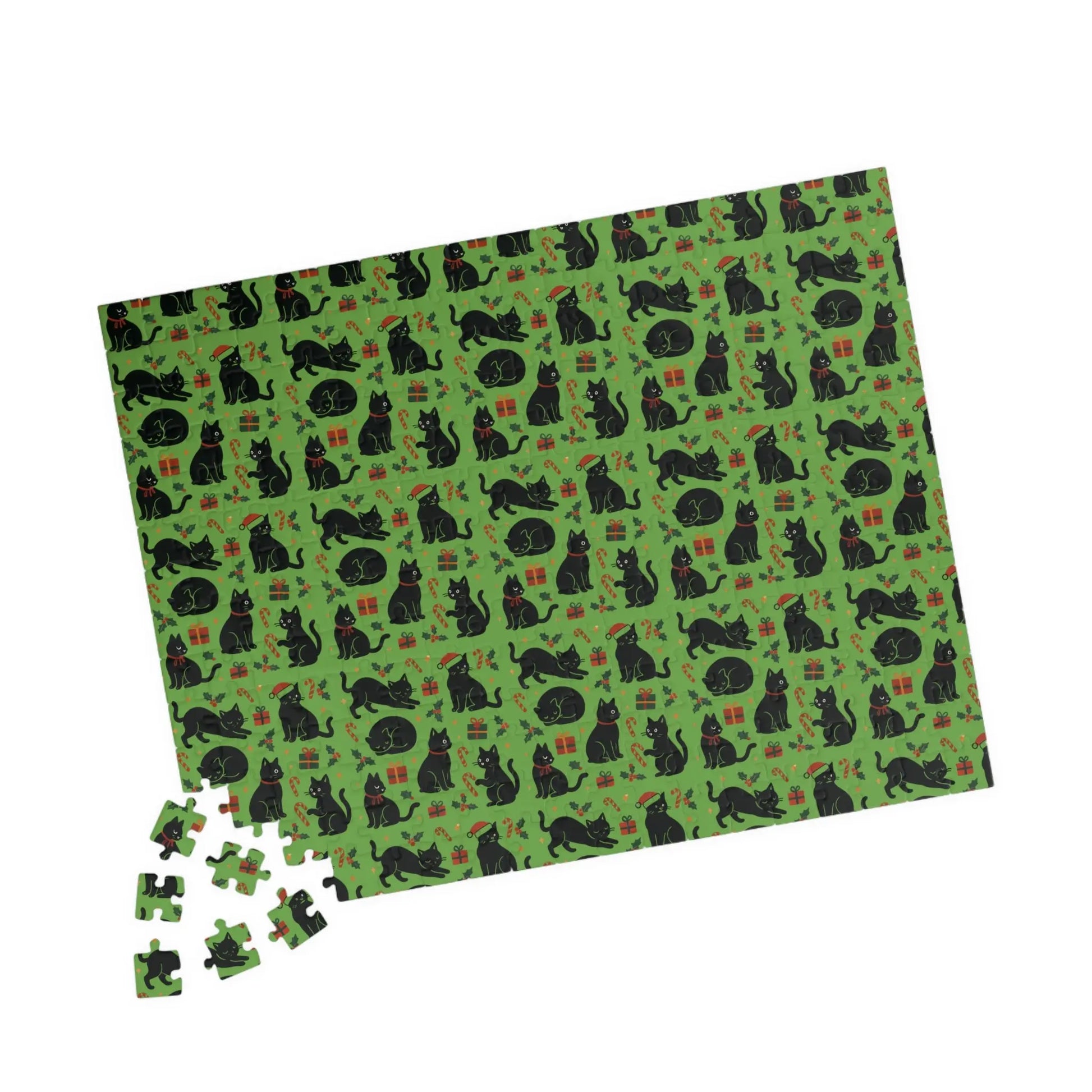 Green Christmas Cats Puzzle – Spooky Cat Pattern Jigsaw (110/252/520/1014 pcs) Printify