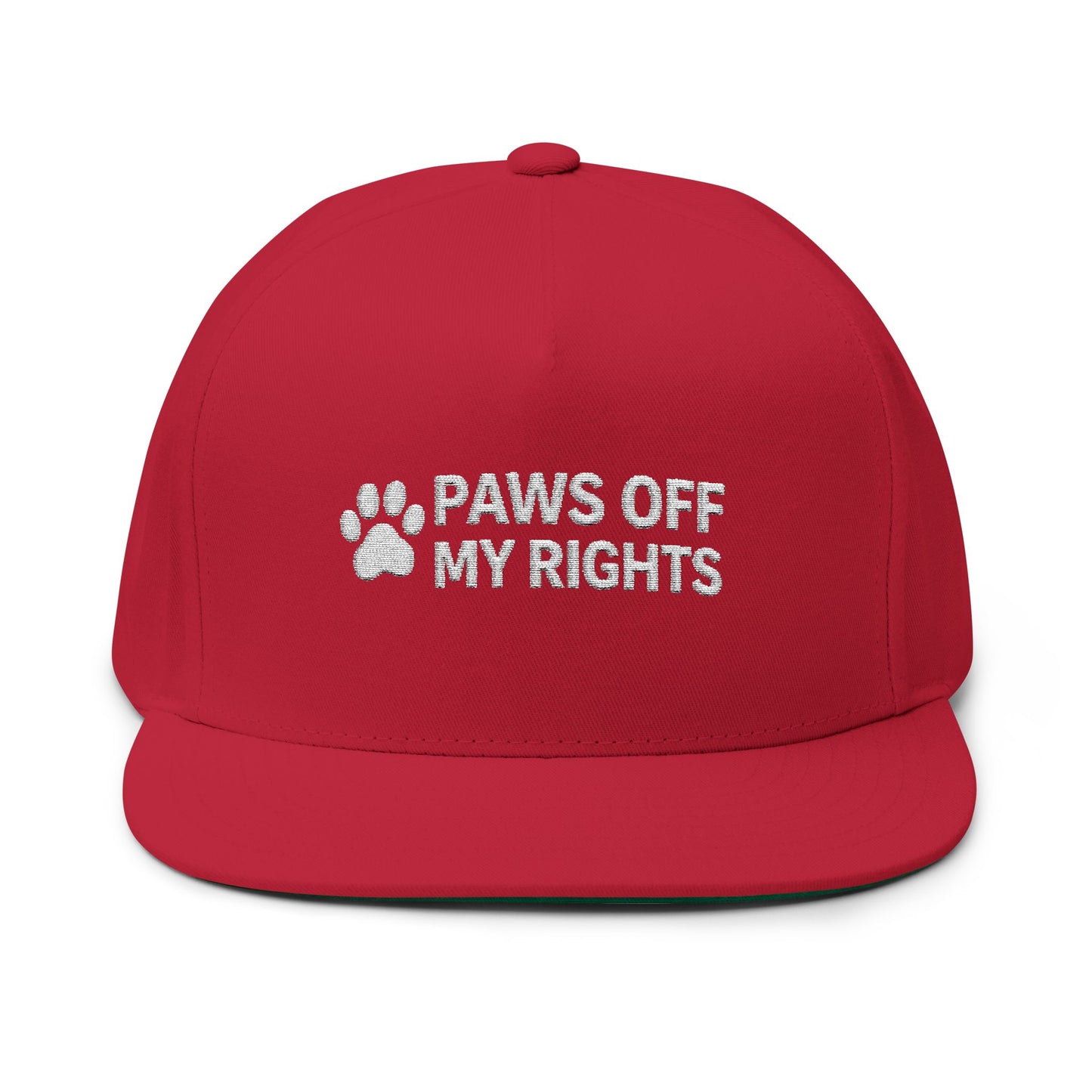 Paws Off My Rights Flat Bill Cap — Embroidered Cat Paw Freedom Hat