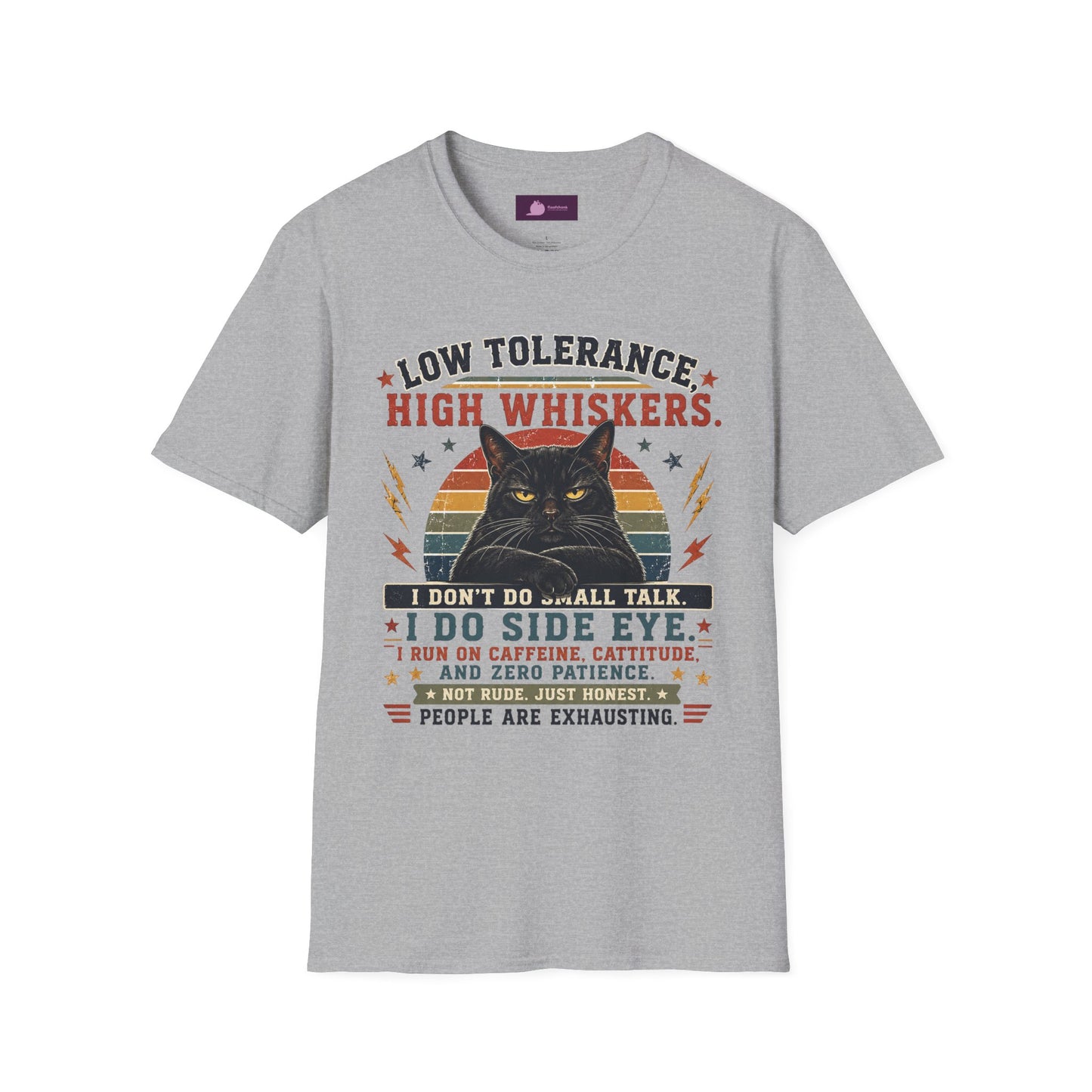 Cat T-Shirt — "Low Tolerance, High Whiskers" Vintage Black Cat Graphic Tee