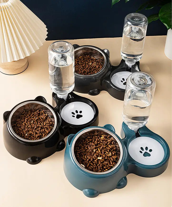 Cat Food And Water Bowl Set - 16 Degree Tilted Dog Dish With Water Dispenser Removable Pet Feeder Bowl Dog Drinking
