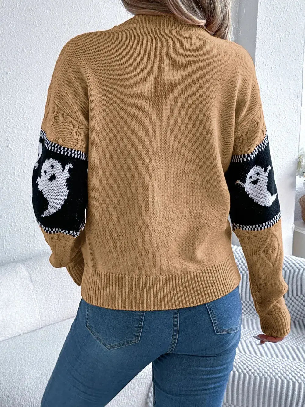 Ghost Round Neck Long Sleeve Sweater - FloofChonk